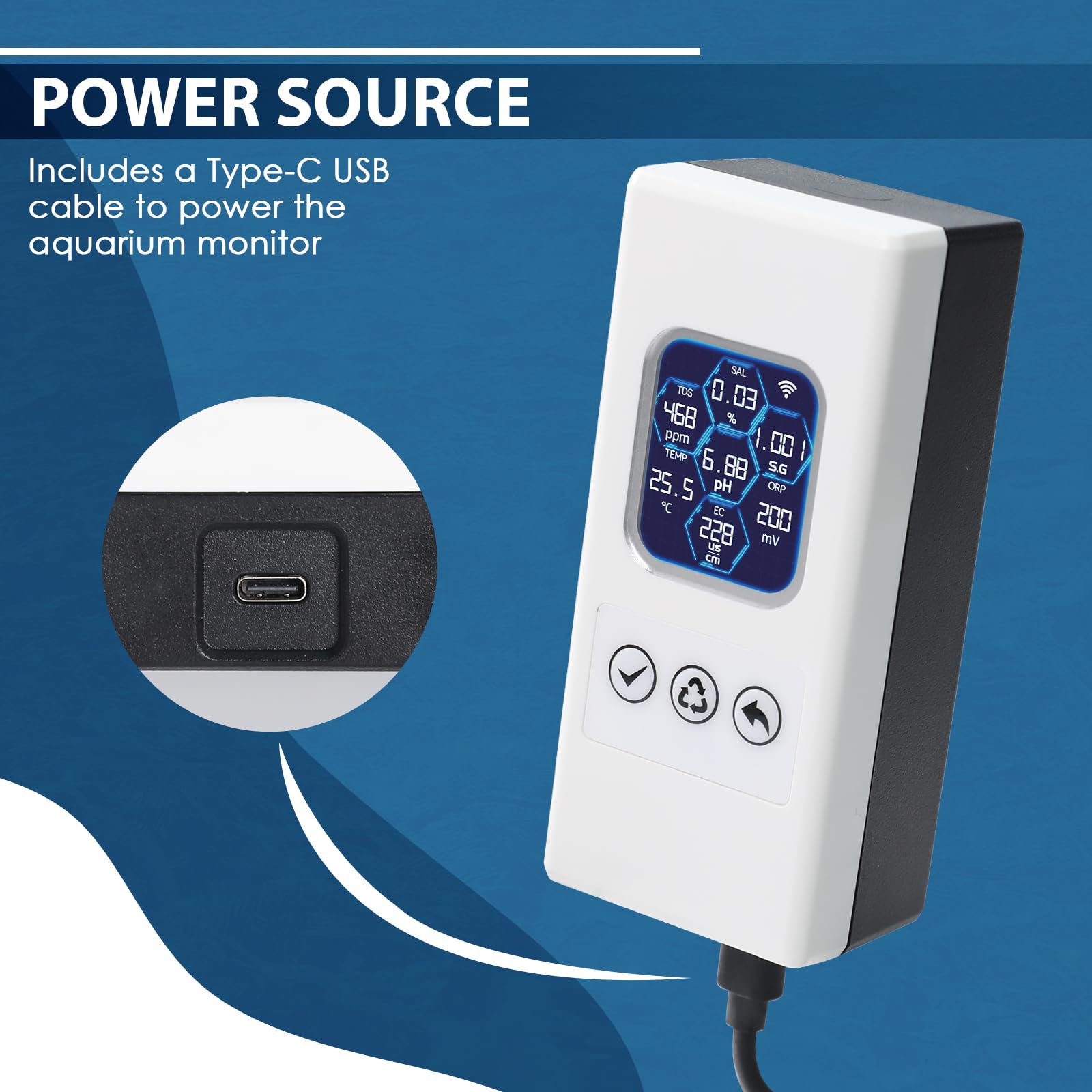 7-in-1 Smart Wasserqualitäts-Tester, Wireless WiFi Wasser-Monitor pH/ORP/TDS/EC/Salinität/SG/Temperatur, Wasserqualitäts-Messgerät mit App-Anbindung & Echtzeit-Alarmen für Aquarium Salzwasser-Aquarium