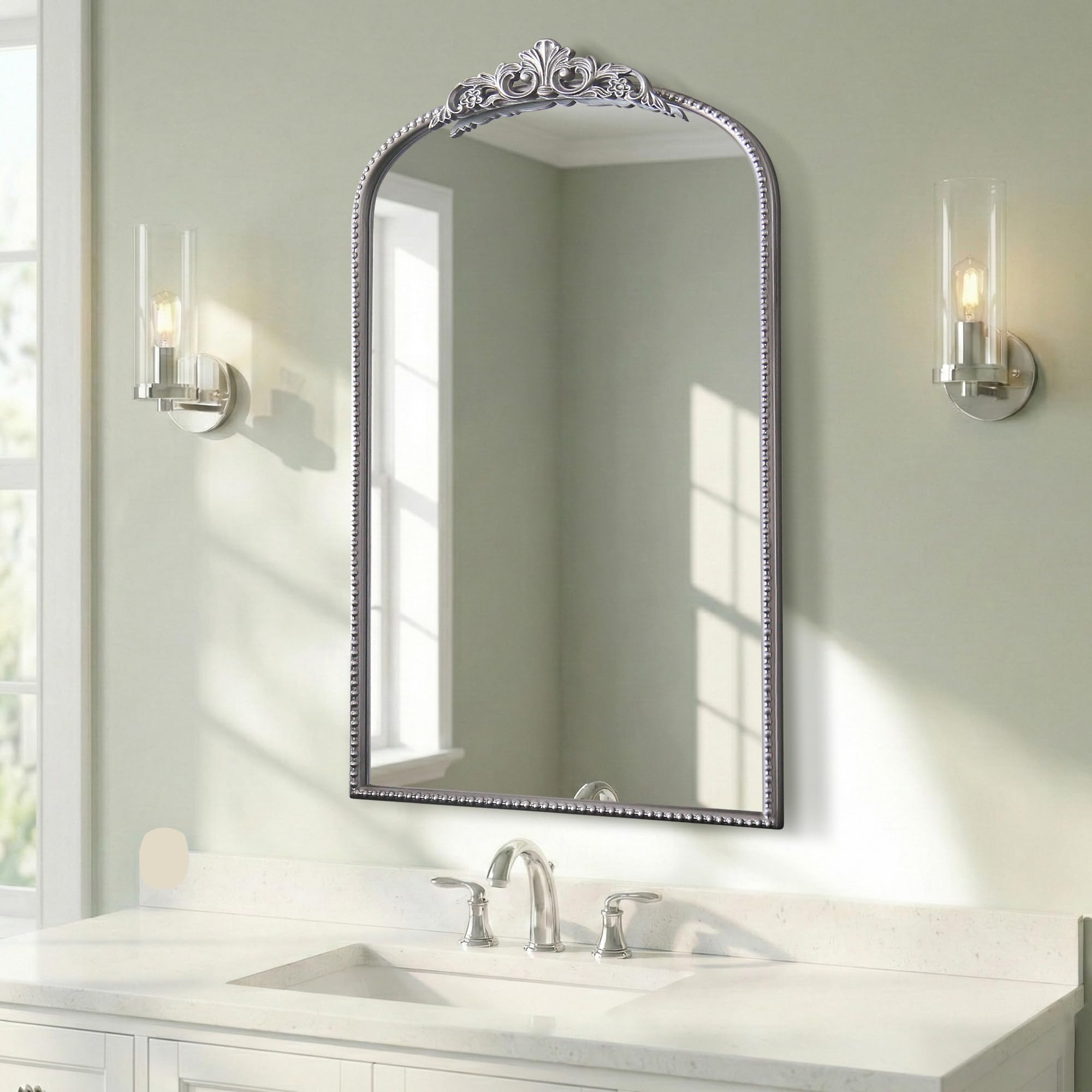 Micasso Arched Traditional Vintage Ornate Mirror, 31" x 19" Antique Baroque Silver Wall Mirror for Bathroom Bedroom Living Room