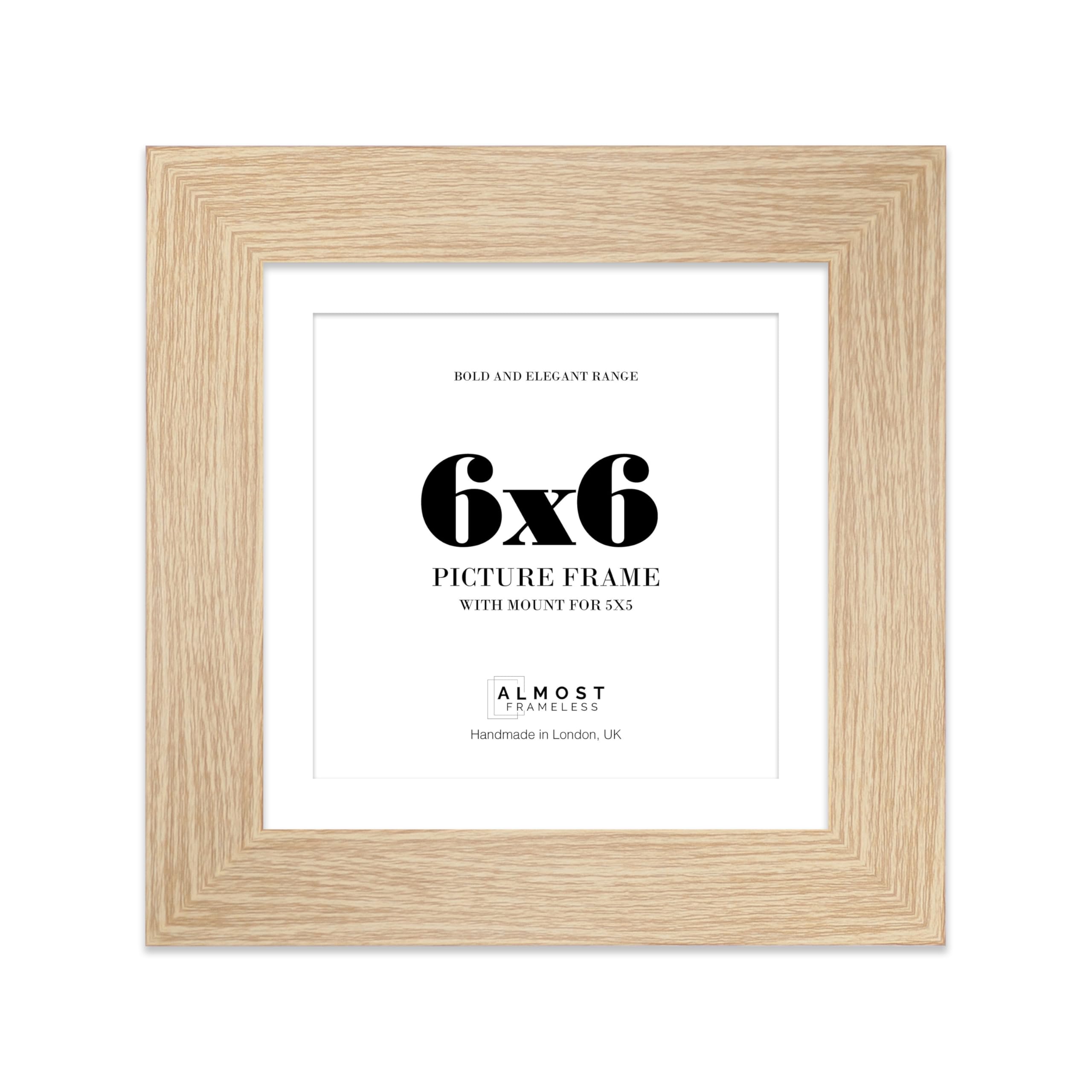 6x6 Oak Square Frame With Mount for 5x5 Pictures 28mm Edge Frame Display with Wall Hooks and Kickstand, 1 Pack