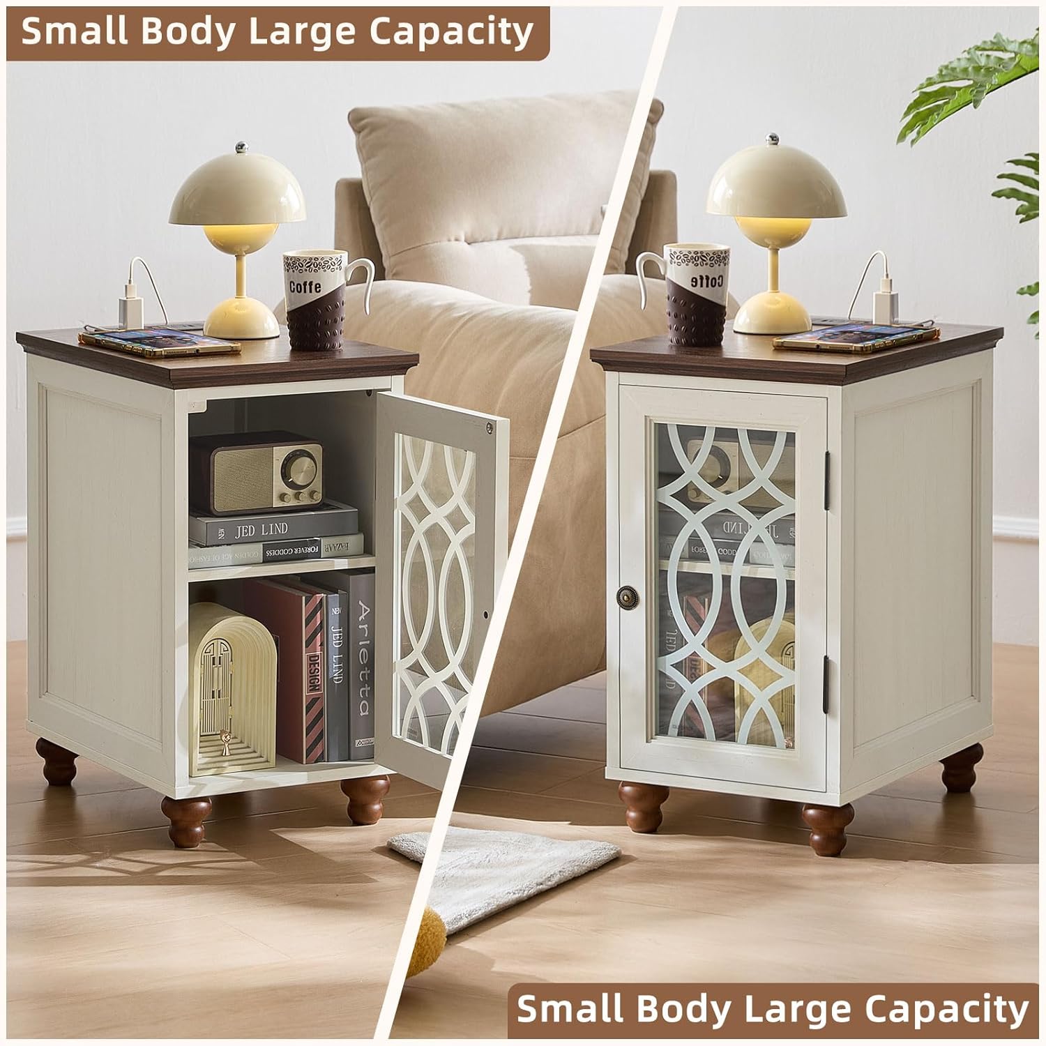 Narrow Side Table with Charging Station Set of 2, Night Stand with Glass Door,Bedside End Tables with Adjustable Shelf Storage Cabinet,Wood Nightstand for Small Spaces Living Room Bedroom with Charger Antique White 2