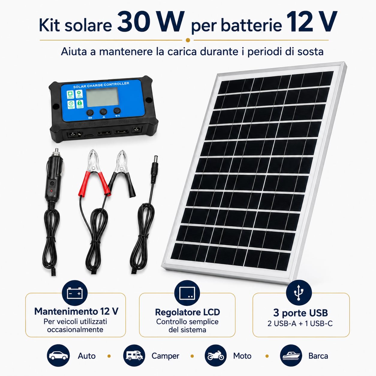 Kit Pannello Solare Rigido 30W 12V con Regolatore per Auto e Camper | Struttura rigida e formato compatto, con morsetti e adattatore accendisigari per batterie di auto, camper, moto e barche.
