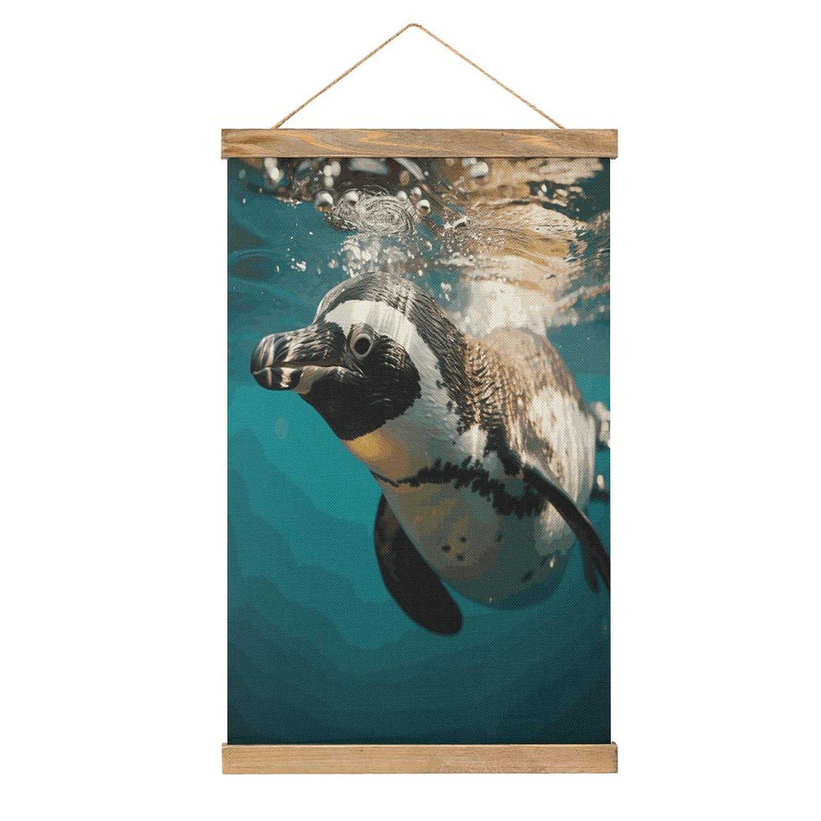 JTREHY Penguin Swimming in The Ocean Linen Hanging Painting Vintage Poster Wall Art Prints Personality Style Wall Hanging Poster for Living Room Office Bedroom Decor Frame 13.2 X 20.47 Inch