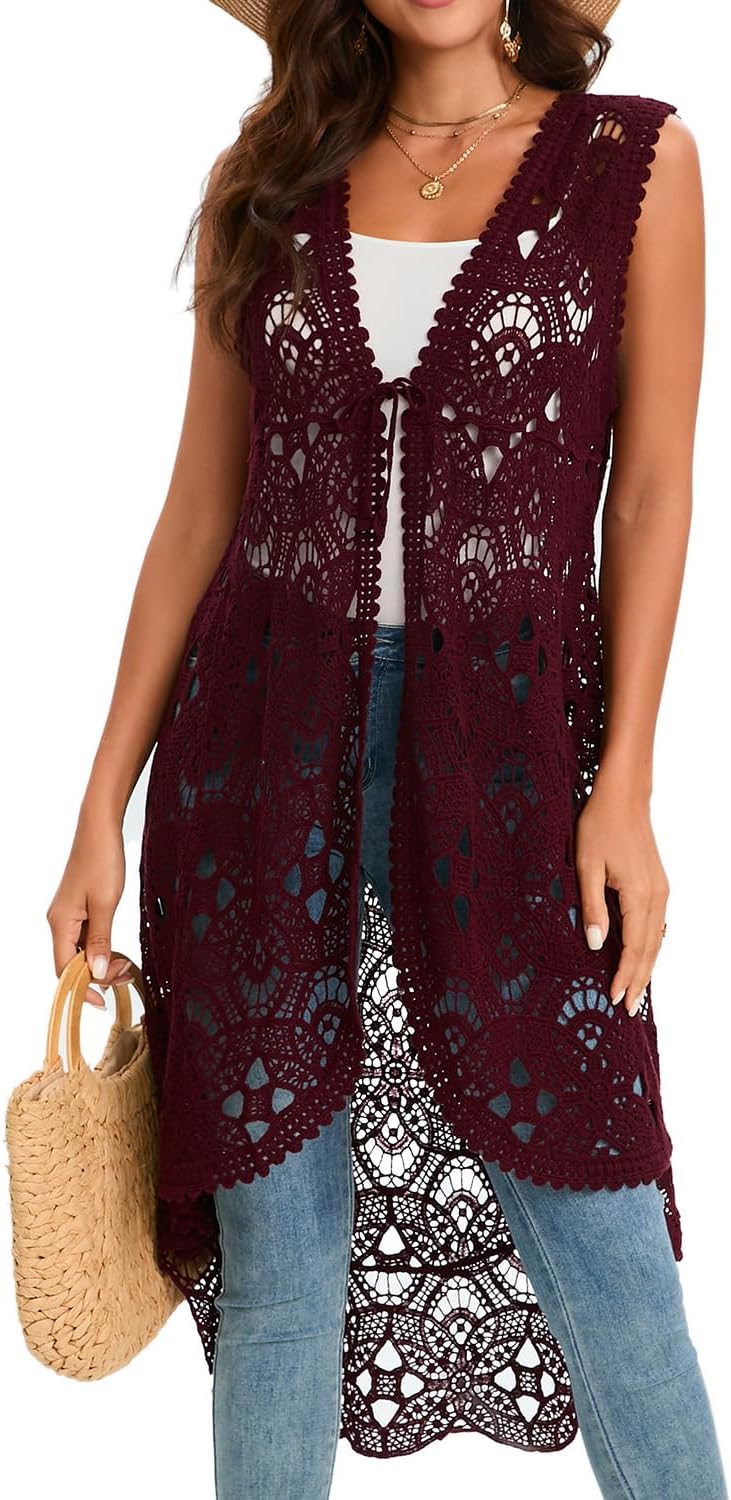 GLEAMISS Women's Crochet Long Vest Sleeveless Lace Cardigan Hollow Out Kimino Cover Up