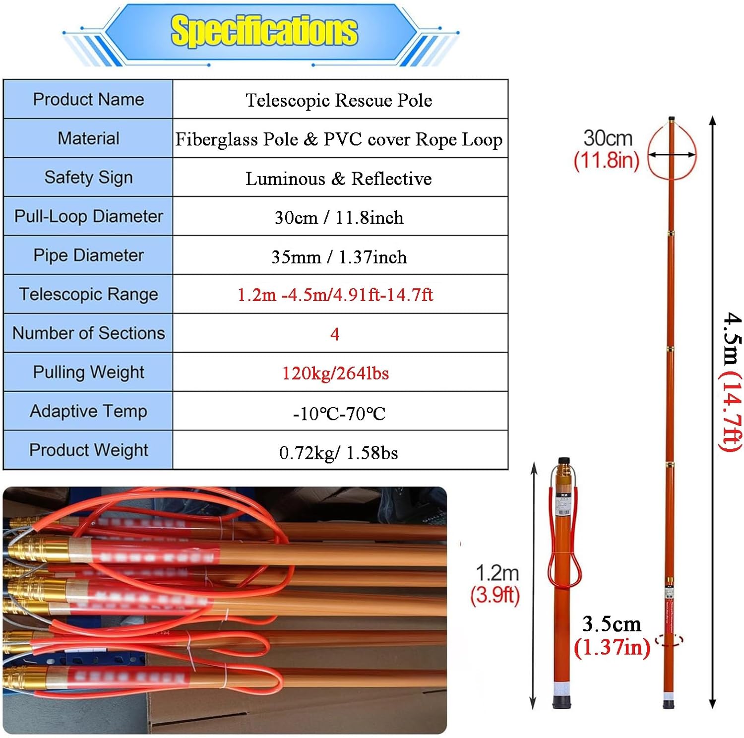 High Visibility Lifesaving Rescue Pole, Reflective Design, Adjustable Length (1.2-4.5m), Essential Swimming Pool & Yacht Safety Device, Professional Lifeguard Equipment.