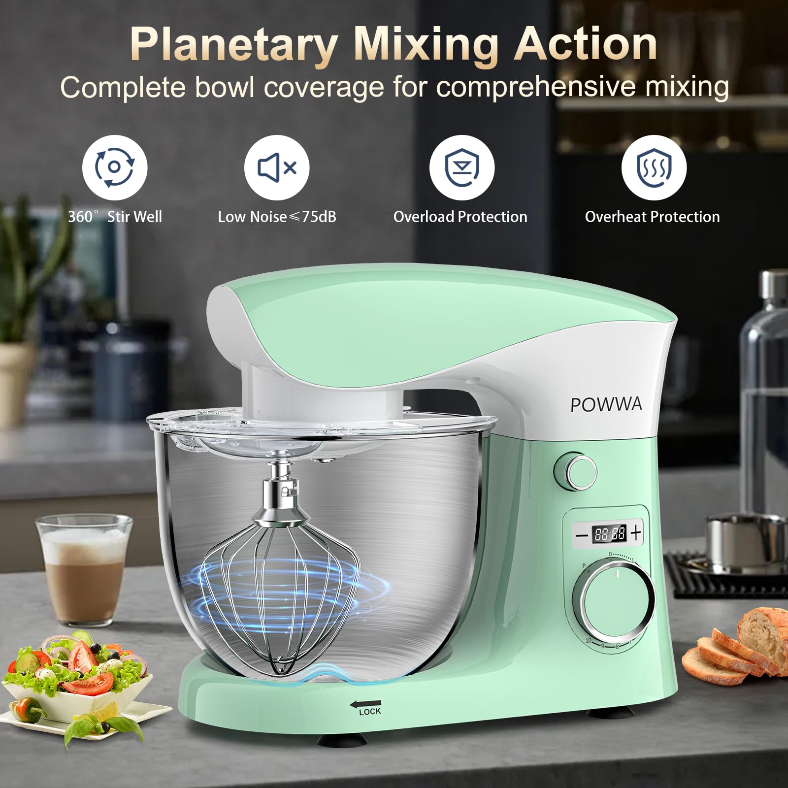 Batidora Amasadora Profesional POWWA 5L, Verde Blanco | Amasadora de Pan Repostería, 10 Velocidades con Pulso, Bajo Ruido, Robot de Cocina Multifunción