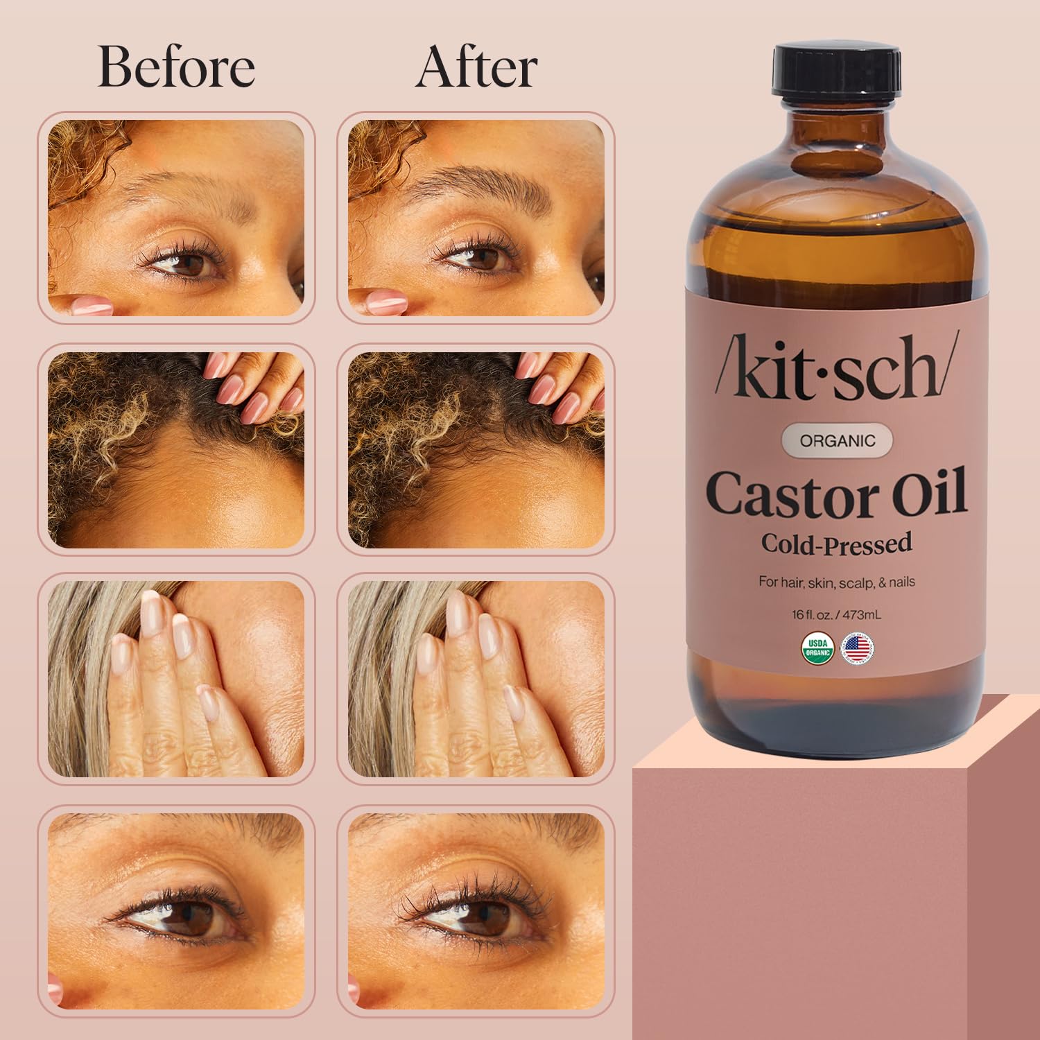 Kitsch Organic Cold-Pressed Castor Oil for Hair Growth – For Eyelashes, Eyebrows, Face, Scalp & Skin - 16oz | Includes Stainless Steel Gua Sha Facial Tools | Facial Skin Care Bundle