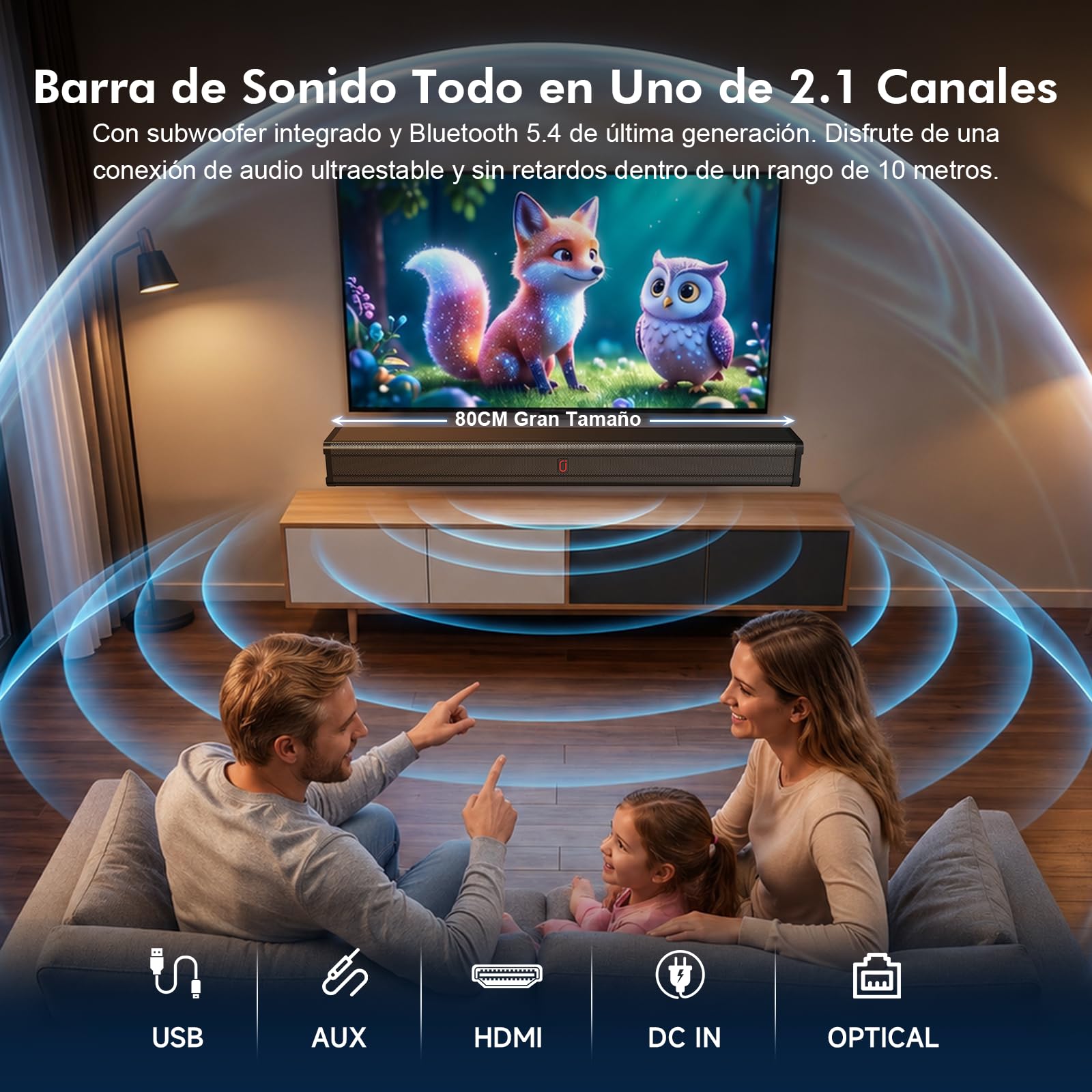 JYX Barra de Sonido para TV 200W, All-in-One Altavoces para TV con 4 Modos EQ, HDMI ARC, Óptico/AUX/USB, Bluetooth 5.4, con 2 Altavoces y Bass Reflex