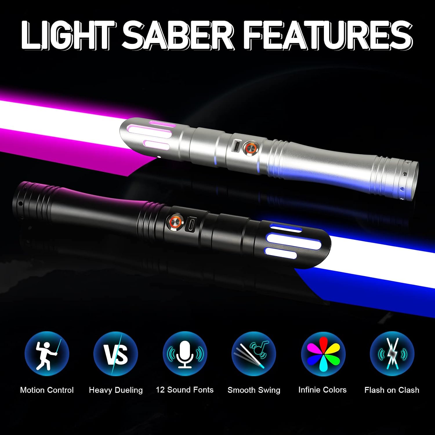 ELESKOCO Dueling Lightsabers Motion Control Heavy Duty Light Saber - Smooth Swing Metal Hilt FX Sabers, RGB 16 Colors Changing, 12 Sound Fonts for Adults Boys Teens Gift, USB-C Recharge, Silver