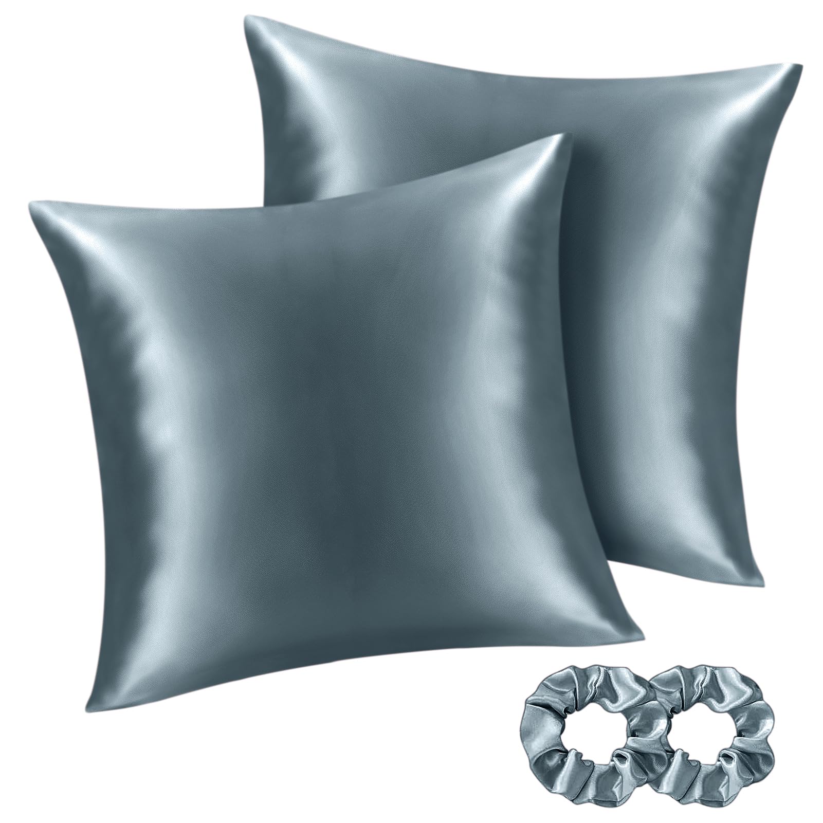 BEDELITE Satin Kissenbezug 80x80 Silbergrau - Kopfkissenbezug 2er Set Weich wie Seidenkissenbezug 80 x 80 Sommer mit 2 Haargummis für Haar und Haut, Similar to Silk Pillowcase Pillow Cover