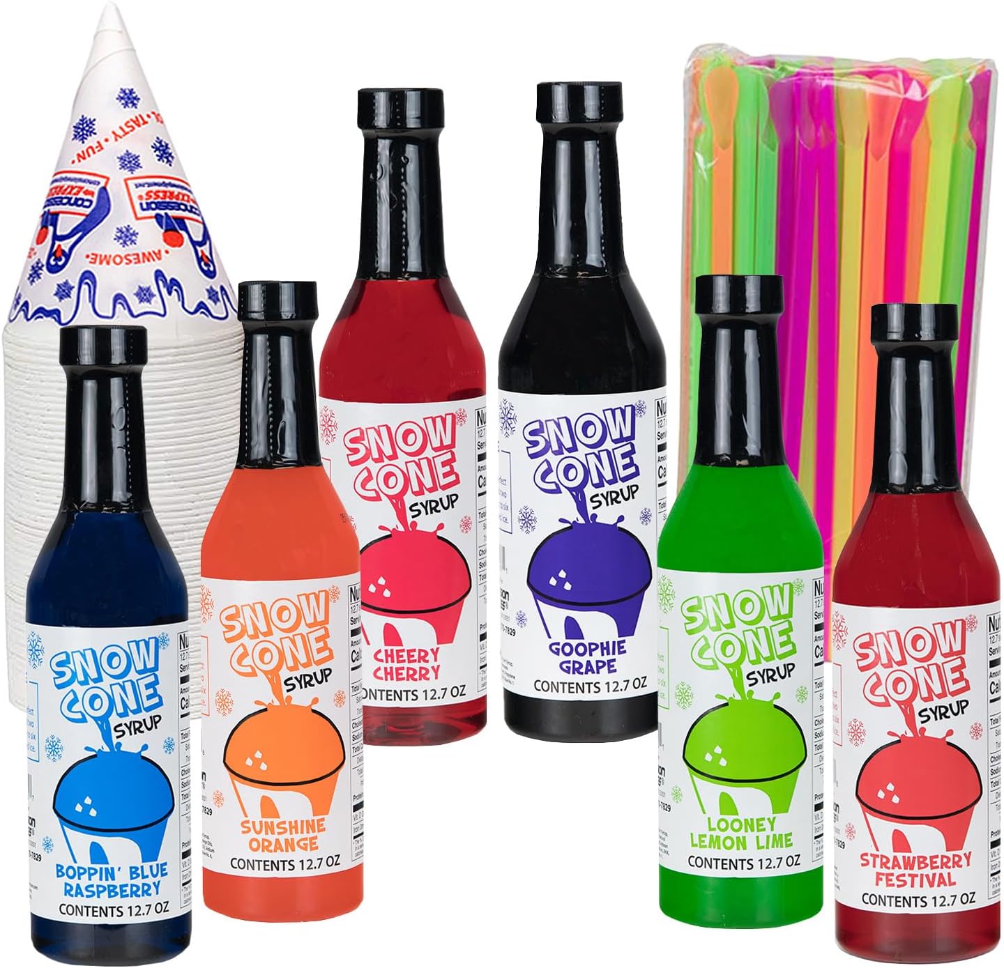 12.7oz Snow Cone Syrups (6 Pack W/Cups/Straws)