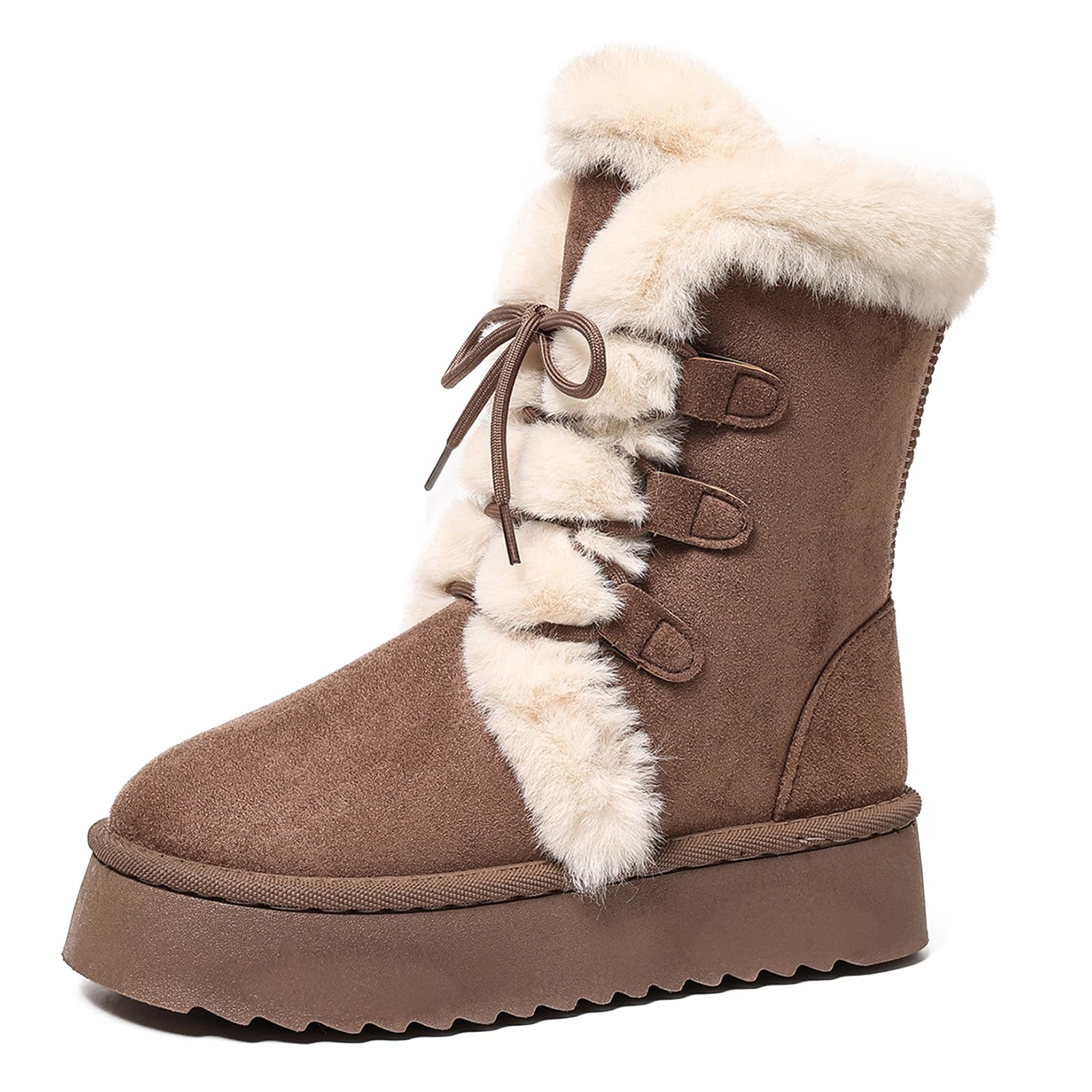 Womens Snow Boots Thick-Soled Boots Mid-Calf Lace-Up Womens Boots Plush-Lined Boots Warm Faux Fur Shoes