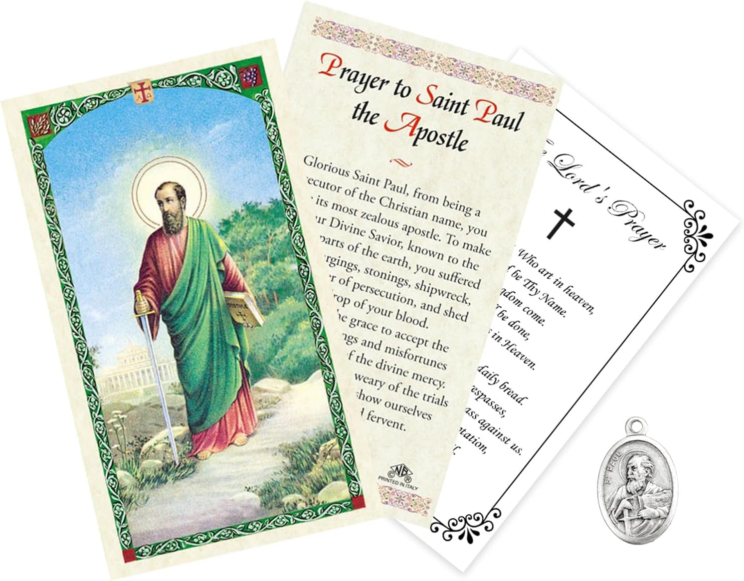 Trendzeen St Paul Prayer Card - Oval Saint Paul Pendant, The Lord’s Prayer - Laminated Saint Paul Holy Card Set, Made in Italy - Total 3 Items