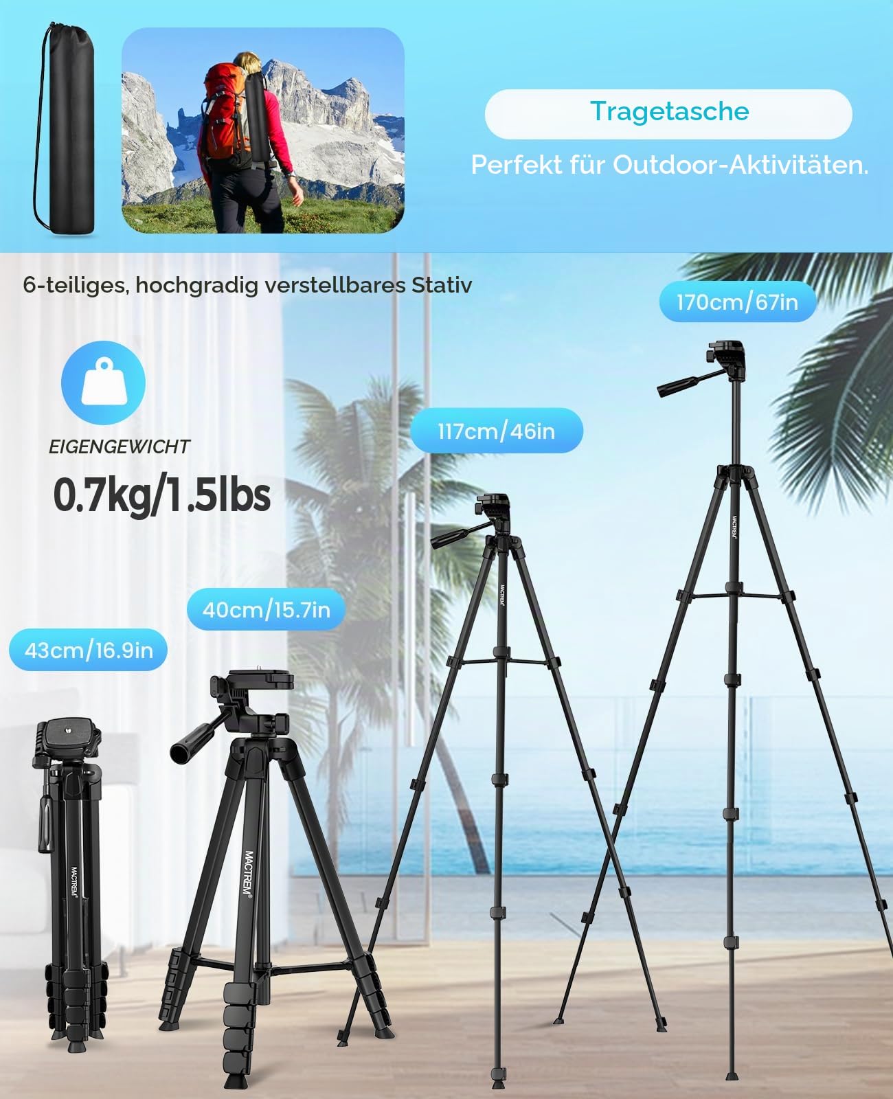 MACTREM 170 cm Aluminium Handy Stativ, Kamera Stativ für Smartphone iPad iPhone Tablet mit 2-in-1 Halterung & Fernauslöser, Tripod Camera für Videoaufnahmen/Selfies/Live-Stream/Vlogging