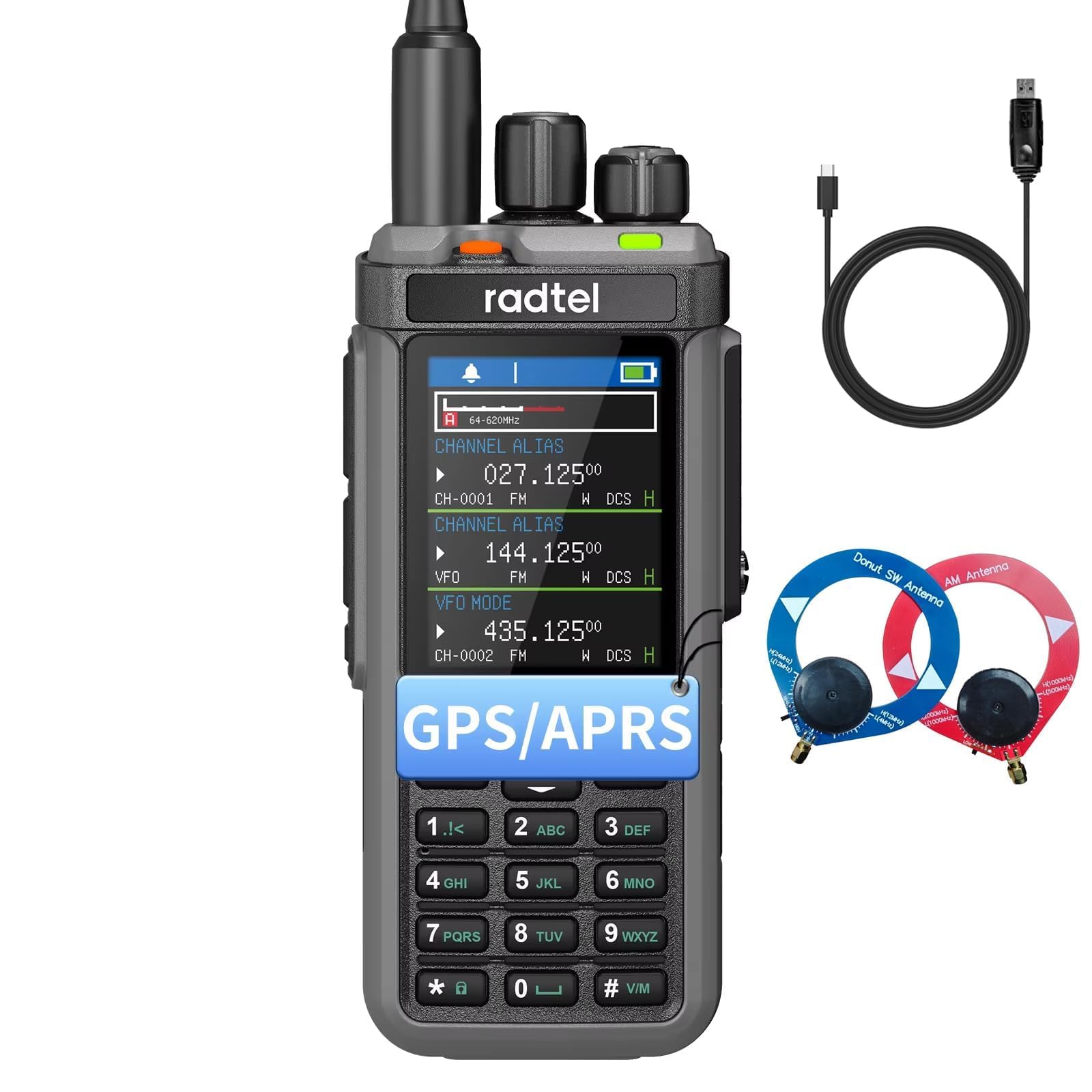 Radtel RT-880G GPS APRS 10w Ham Radio Walkie Talkie CB Portátil Radio 1024 Canales HF SSB RX con Repetidor de Banda Cruzada, Pantalla a Color de 2.4 Pulgadas con Cable de Programación SW/MW Antena
