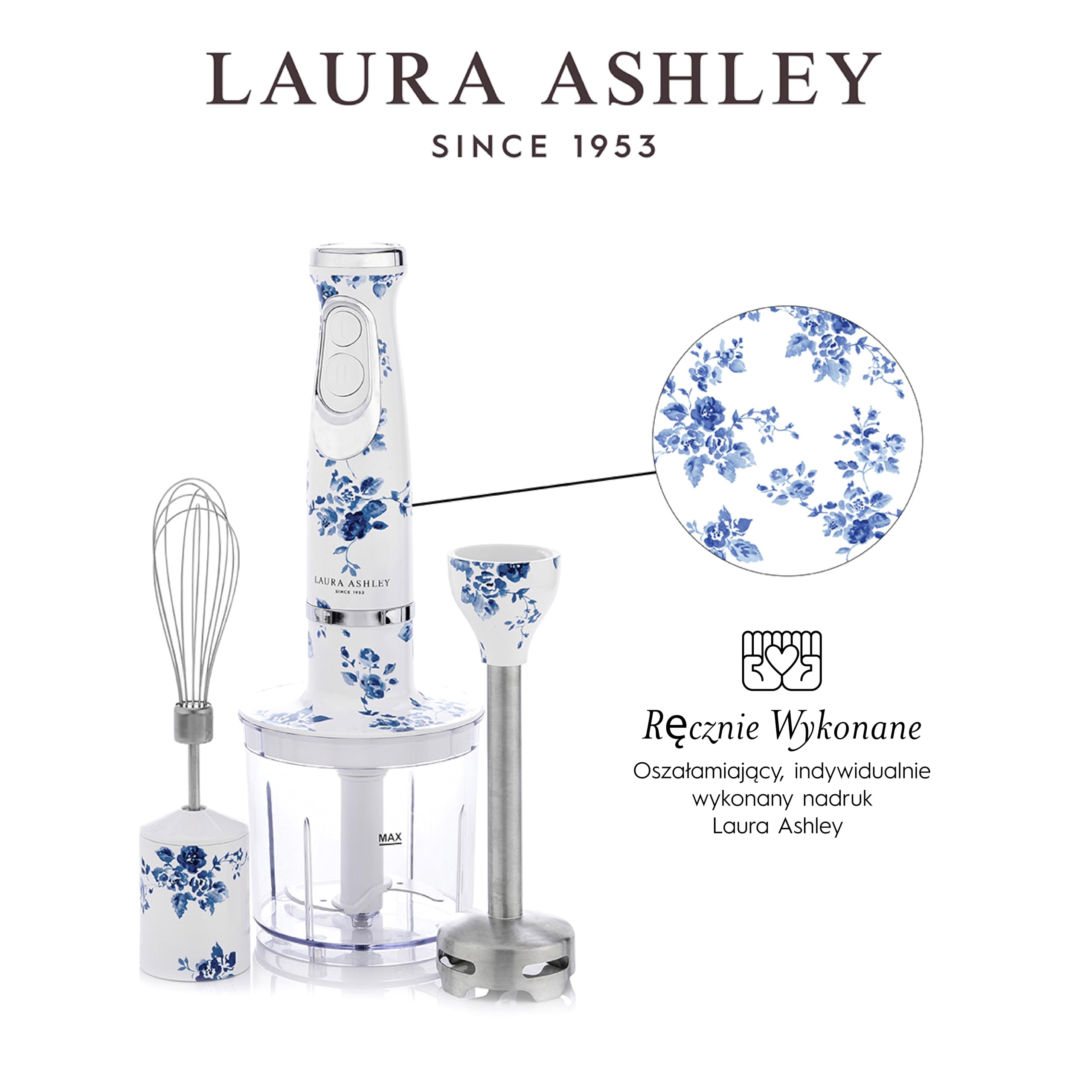 Laura Ashley Elektryczny Blendery Ręczne o Mocy 600 W z Nadrukiem China Rose firmy VQ - Hand Blender 4 w 1 z Ostrzami ze Stali Nierdzewnej, Trzepaczką i Kubkiem do Mieszania o Pojemności 300 ml