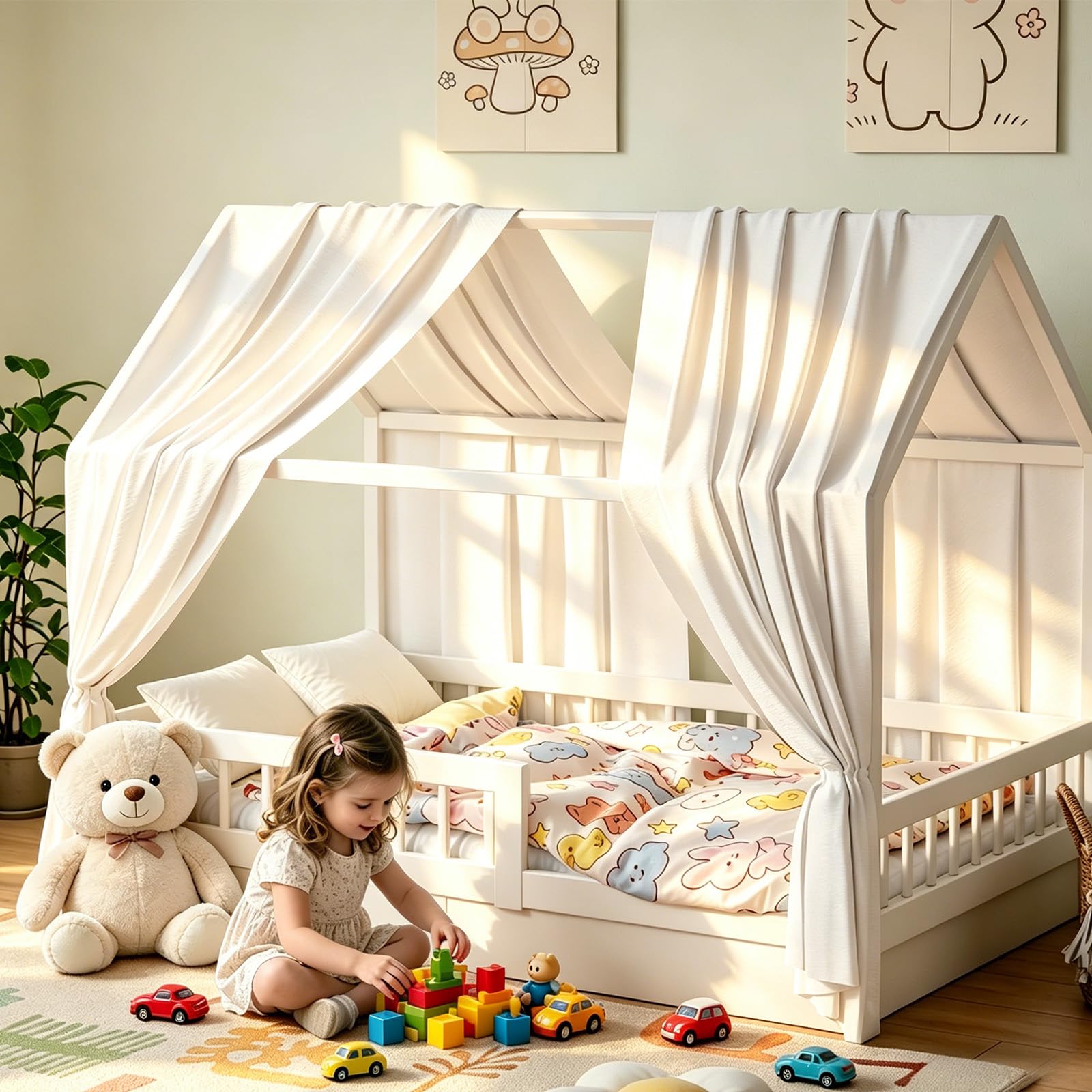 Lit Cabane Enfant, Ciel de Lit Cabane avec 2 Pièces Rideaux, Baldaquin Ciel en Tissu Doux Respirant, Ensemble de Décoration pour Chambre Fille Garçon (Blanc, 70x270cm)