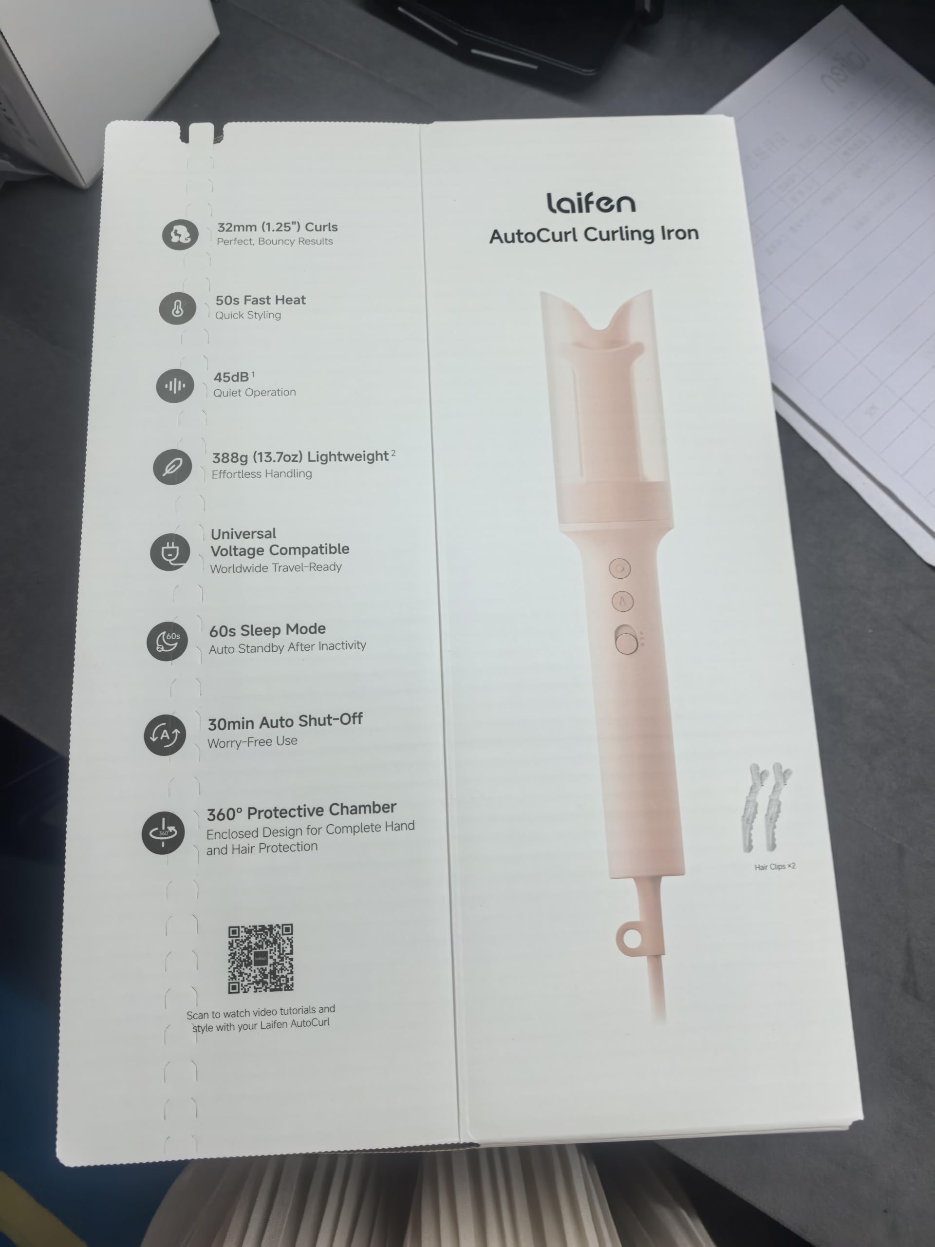 Laifen S1 AutoCurl Fer à friser automatique, 32 mm, Rose | Reconnaissance cheveux auto, anti-emmêlement, boucles int/ext, 2 modes, 200M ions, 3 temp, auto-off, double tens