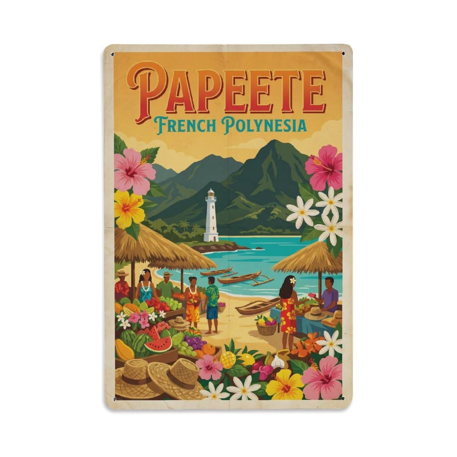 Metal Tin Sign Vintage Travel French Polynesia Papeete