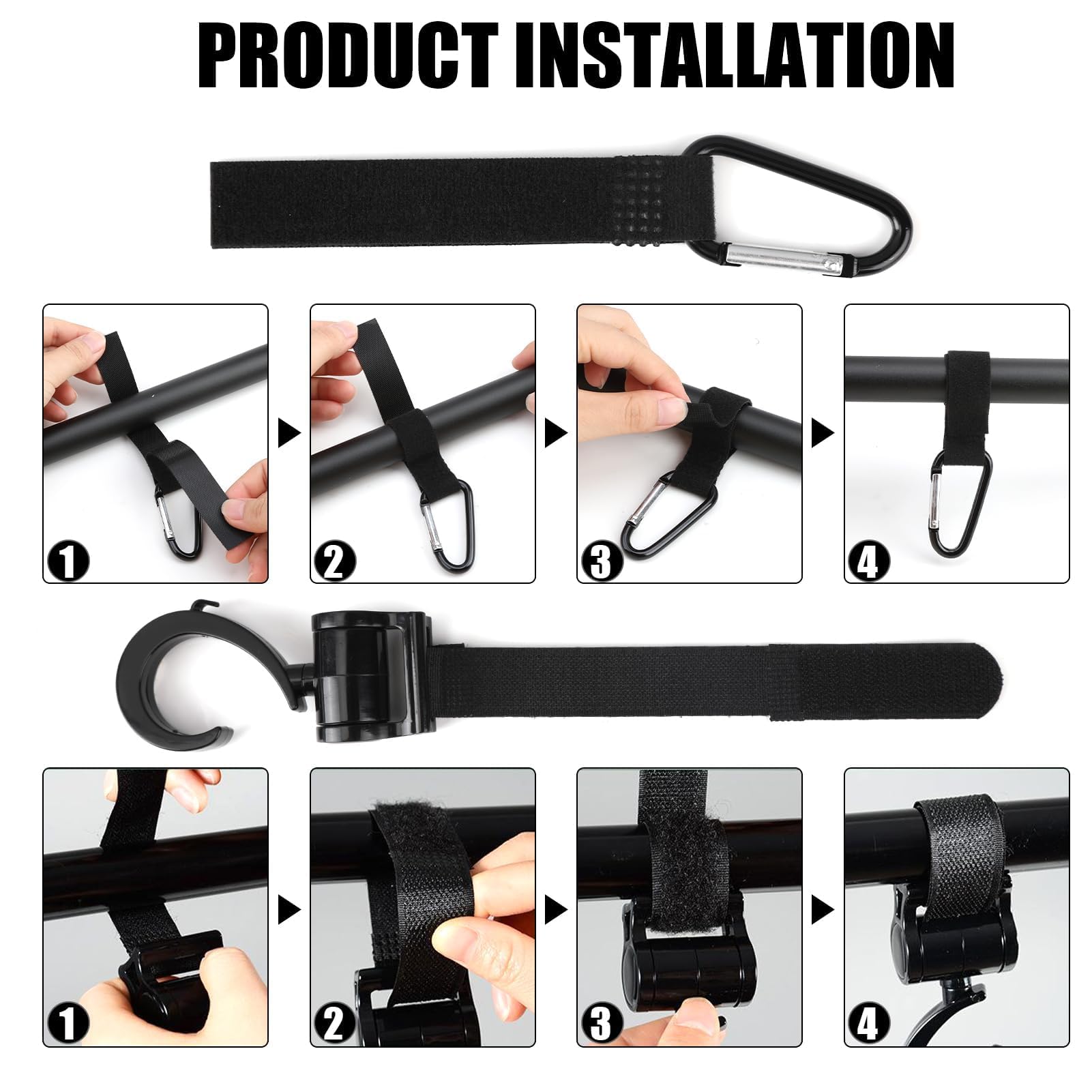 4 Pezzi Ganci Passeggino, Ganci per Passeggino Universale Leggero Rotanti Appendi, Multiuso Gancio Clip con Chiusura Regolabile, Ganci Appendere per La Spesa Borse Pannolini Borsette (Nero)