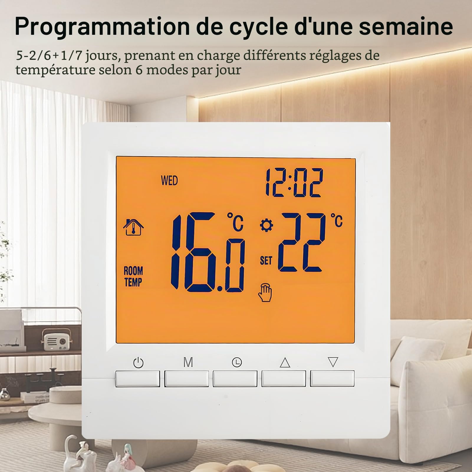 Thermostat intelligent programmable, thermostat mural, chaudière à gaz, régulateur de température de chauffage avec grand écran LCD, sans WiFi
