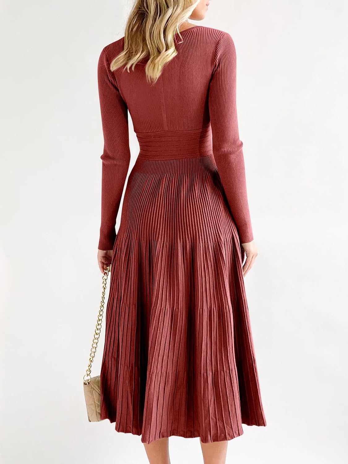 Saodimallsu Womens Long Sleeve Midi Sweater Dress Wrap V Neck Pleated A Line Fit Flare Elegant Knit Maxi Dress - Image 5