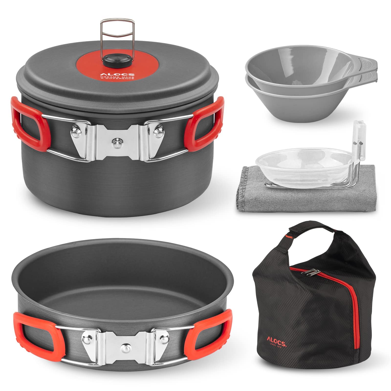 Alocs Camping Cookware, Portable Camping Cooking Set, Lightweight Outdoor Camping Mess Kit, Camping Pot and Non-Stick Pans for Hiking Backpacking Outdoor Cooking and Picnic
