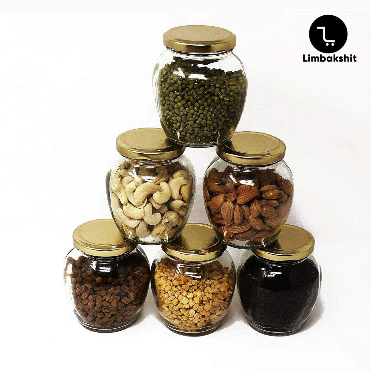 LIMBAKSHIT Matka Shape Transparent Glass Jar and Container with Airtight Lid, Suitable for Home or Kitchen & for Spices Storage, Glass Jar for Gift (400 ml, 6 Pieces)