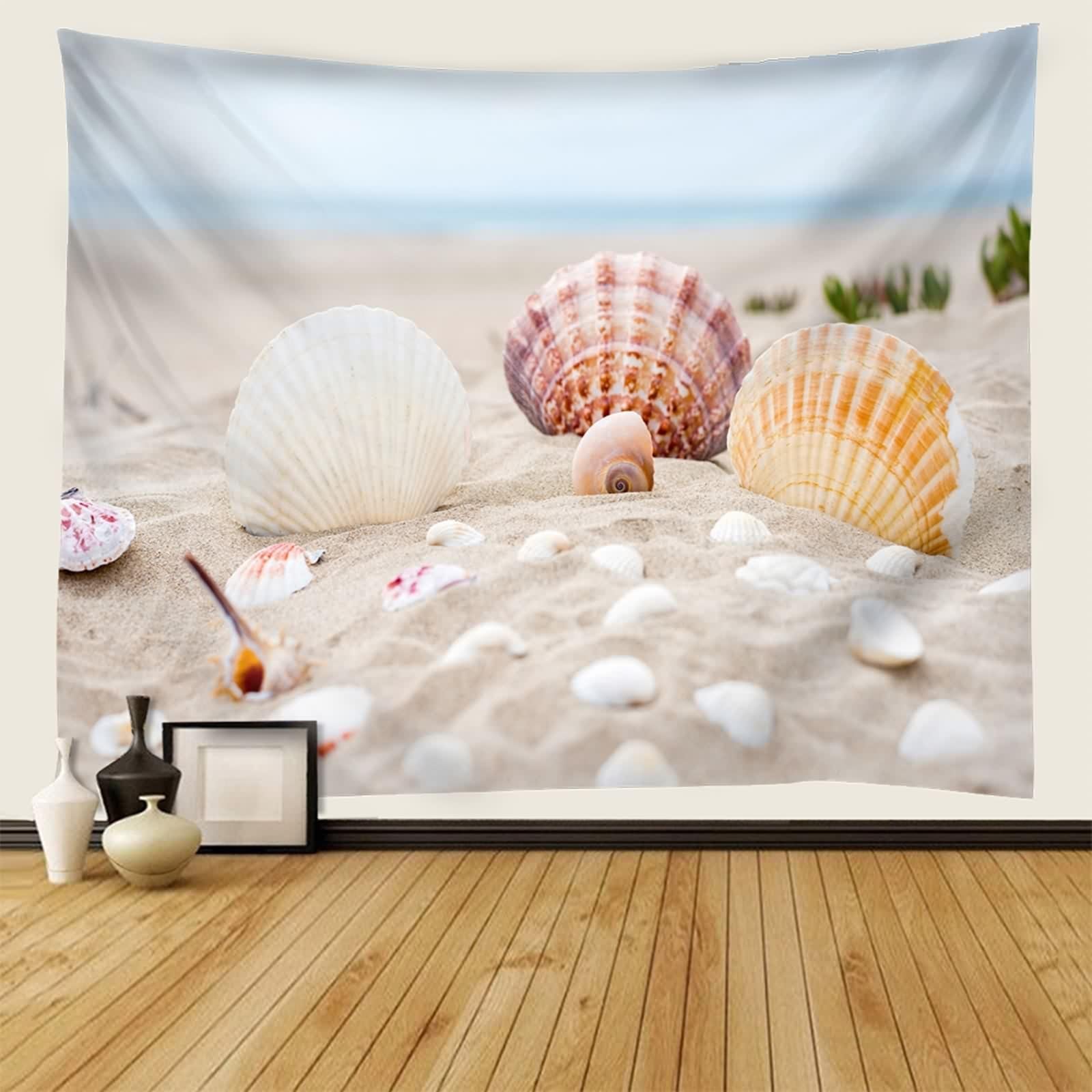 Arazzi da Parete Moderni, Arazzo da Parete Paesaggi Beige Spiaggia delle Conchiglie Poliestere 240x220cm