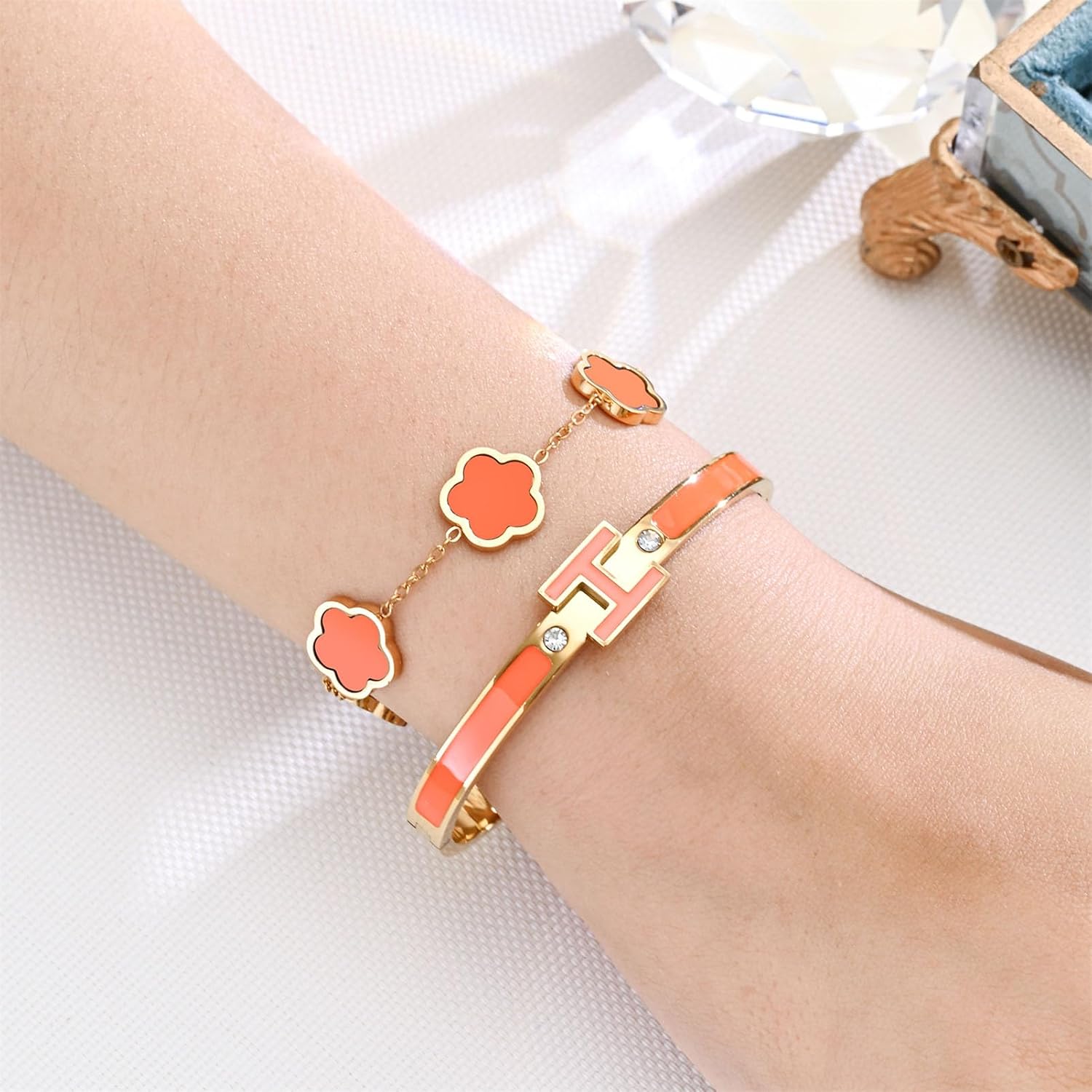 H Bangle & Clover Bracelet for Women - Stainless Steel Fashion Jewelry - 18K Gold Plated H Bangle and Lucky Five Leaf Clover Bracelet - Elegant Bracelets Set - Gift for Women