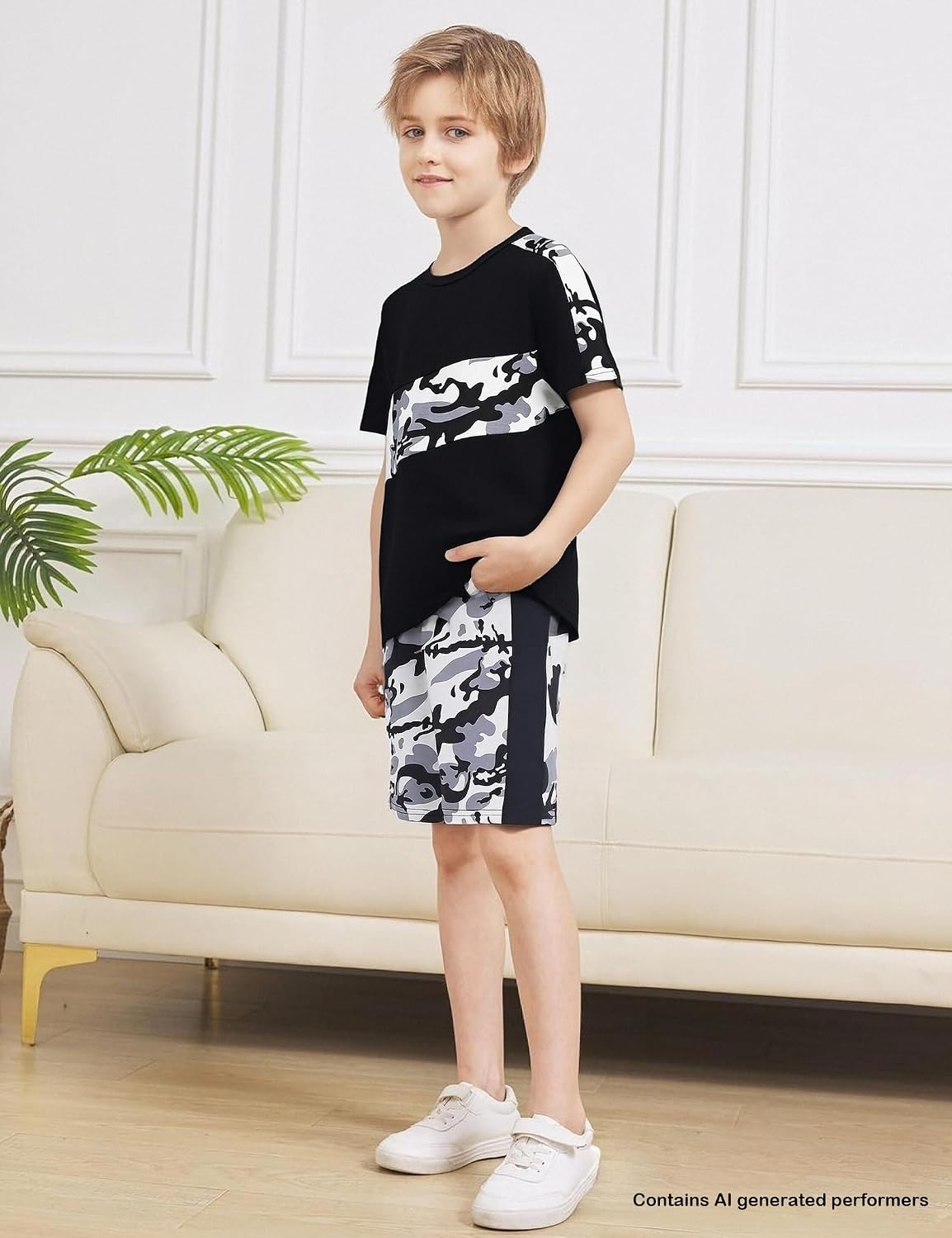 Boys clothes Set 6-14 Years Camo Stitching Short Sleeve T-Shirt and Camo Athletic Shorts 2-Piece Outfit for Boy image 3