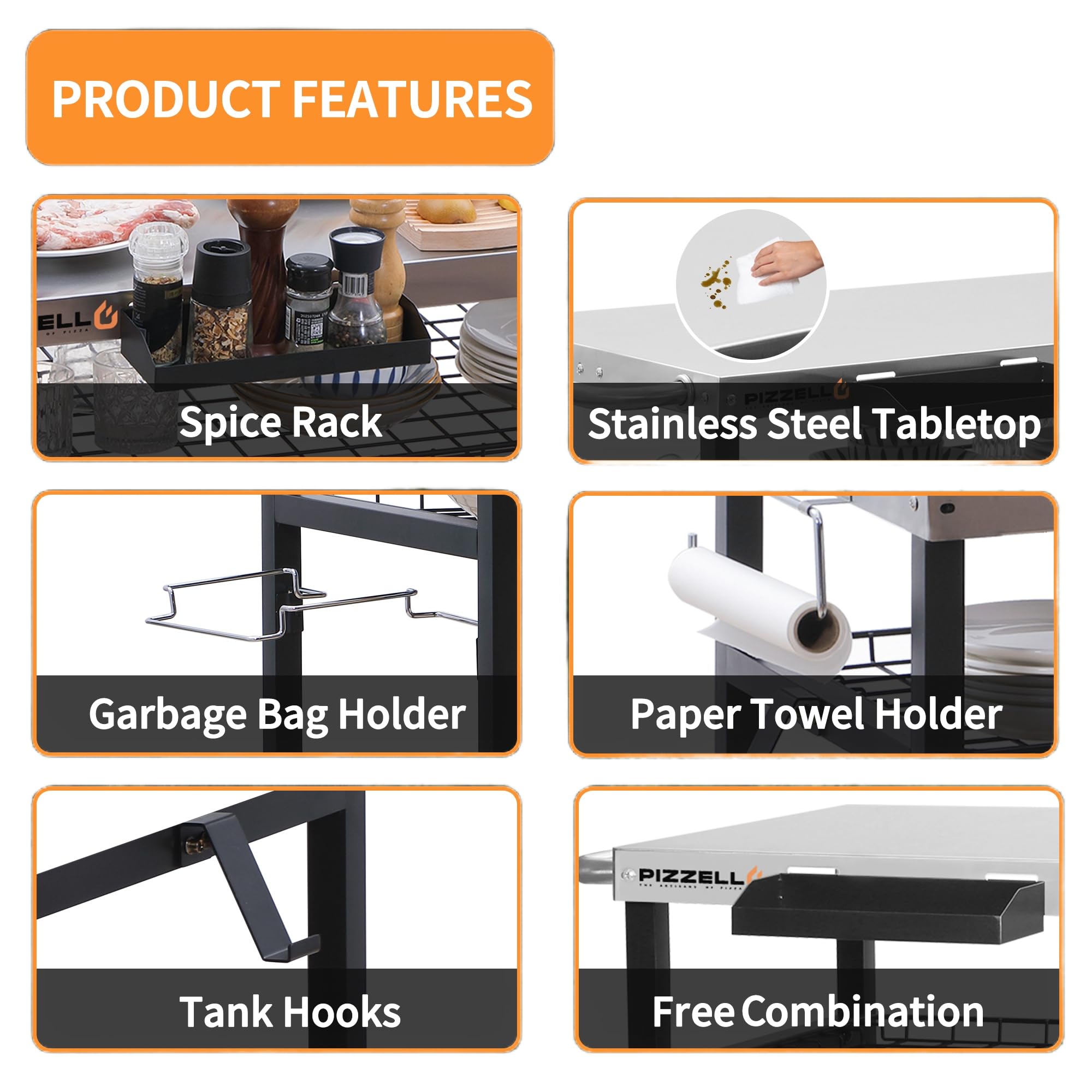 PIZZELLO Carrito de comedor con parrilla al aire libre de tres estantes, carrito de barbacoa móvil, mesa de trabajo multifuncional de acero inoxidable para preparación de alimentos con dos ruedas,