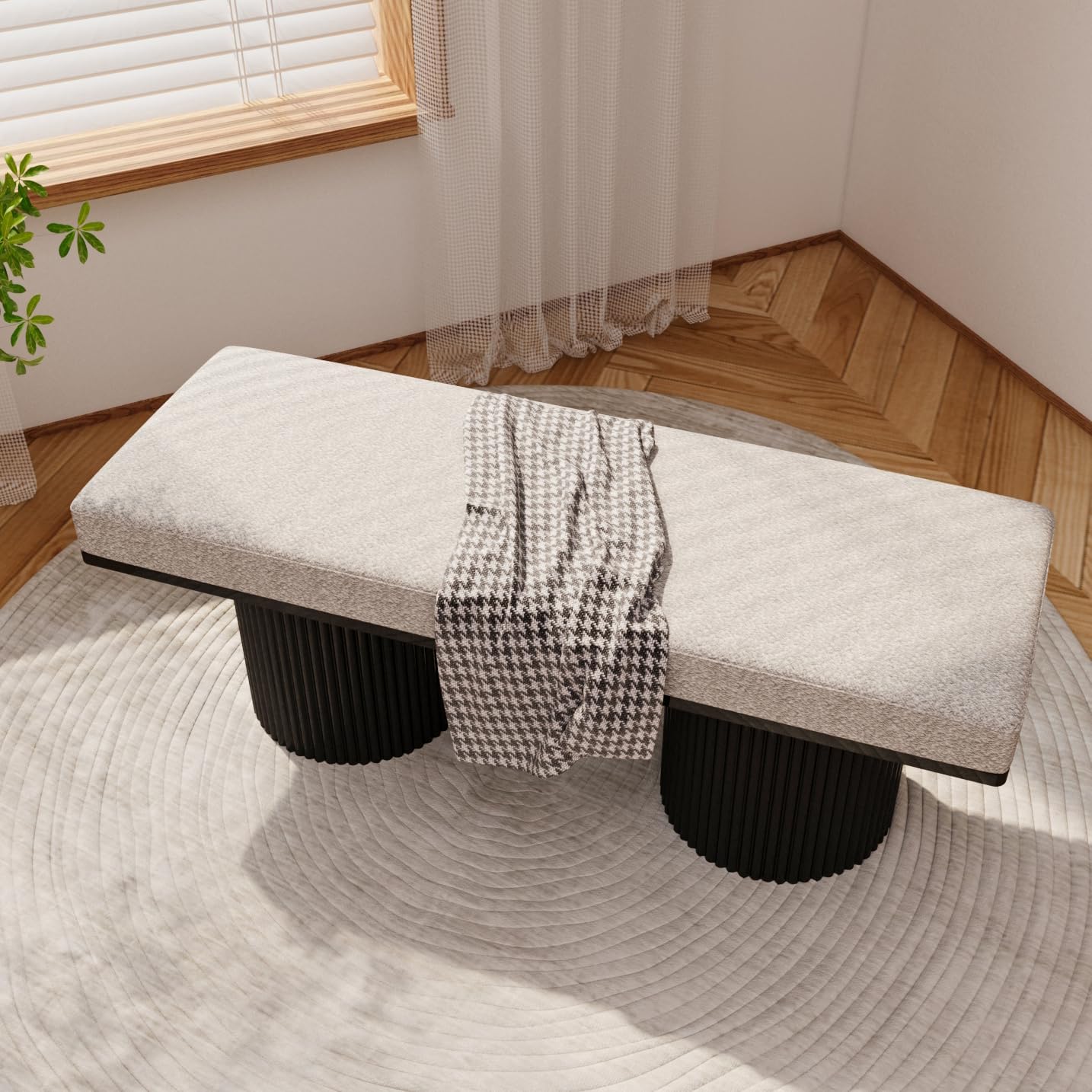 Christopher Knight Home Galileo 48" W Boucle Bench, Upholstered Bench, End of Bed Footstool, Hallway Footrest, Wooden Legs Frame, Rectangular Spacious Chair, Comfort Seating for Dining Living, Black