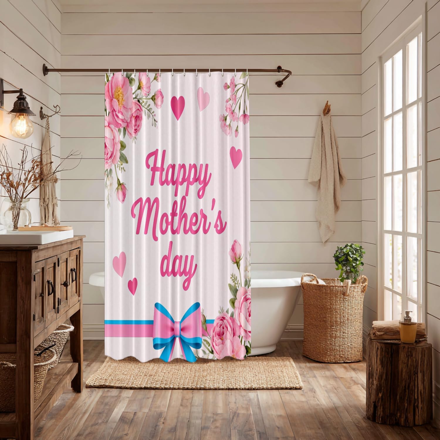 Happy Mother Day Decor Shower Curtain Set,Mother's Day Pink Carnations with Ribbon Polyester Shower Curtain for Shower Stall Bathroom Waterproof with 12 Hooks 72x72 Inch