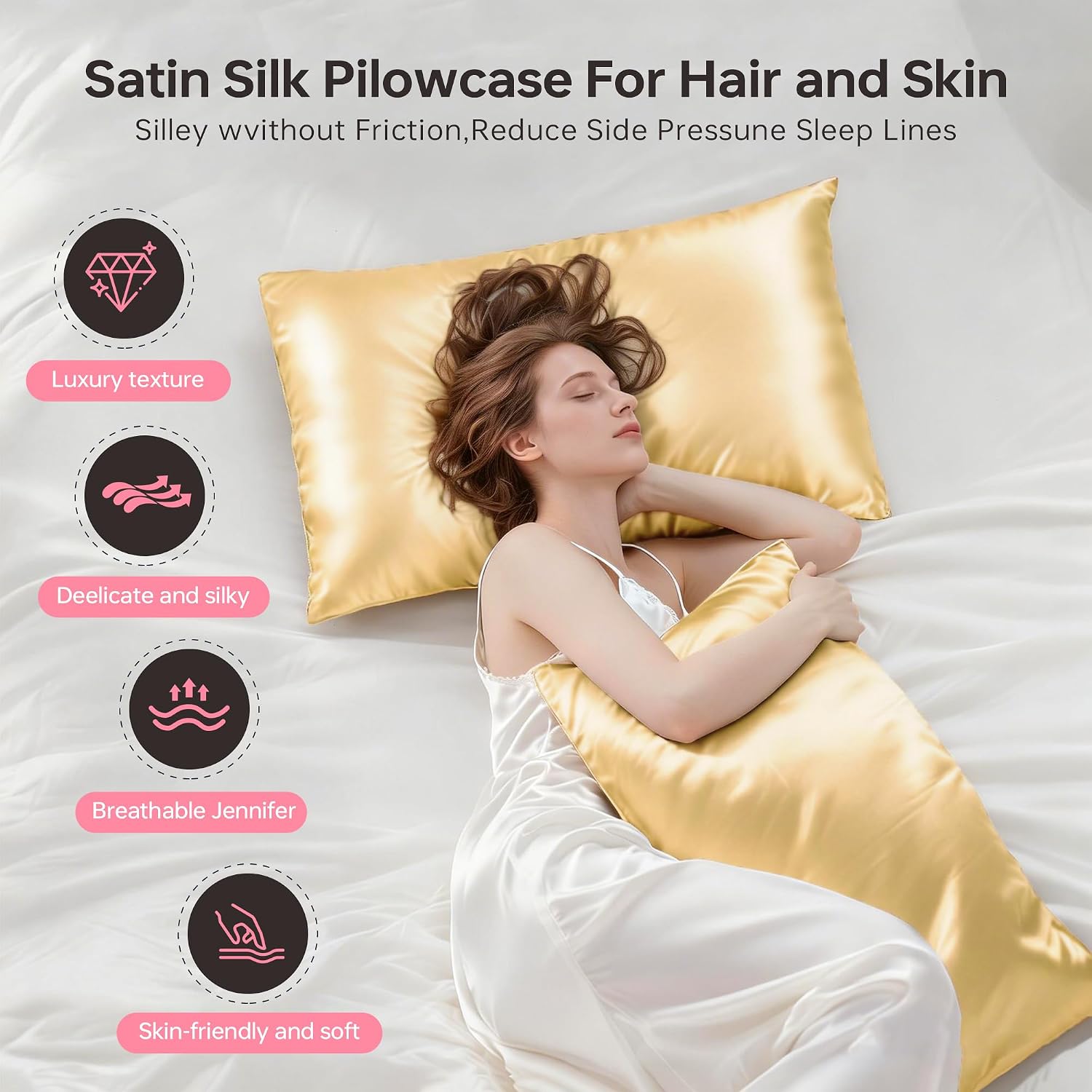 Satin Pillowcase for Hair and Skin, 2 Pack Soft Silky Pillow, Cooling and Wrinkle Resistant, Available in Standard/Queen/King Sizes, 6 Colors (Champagne Gold, Queen (U.S. Standard))
