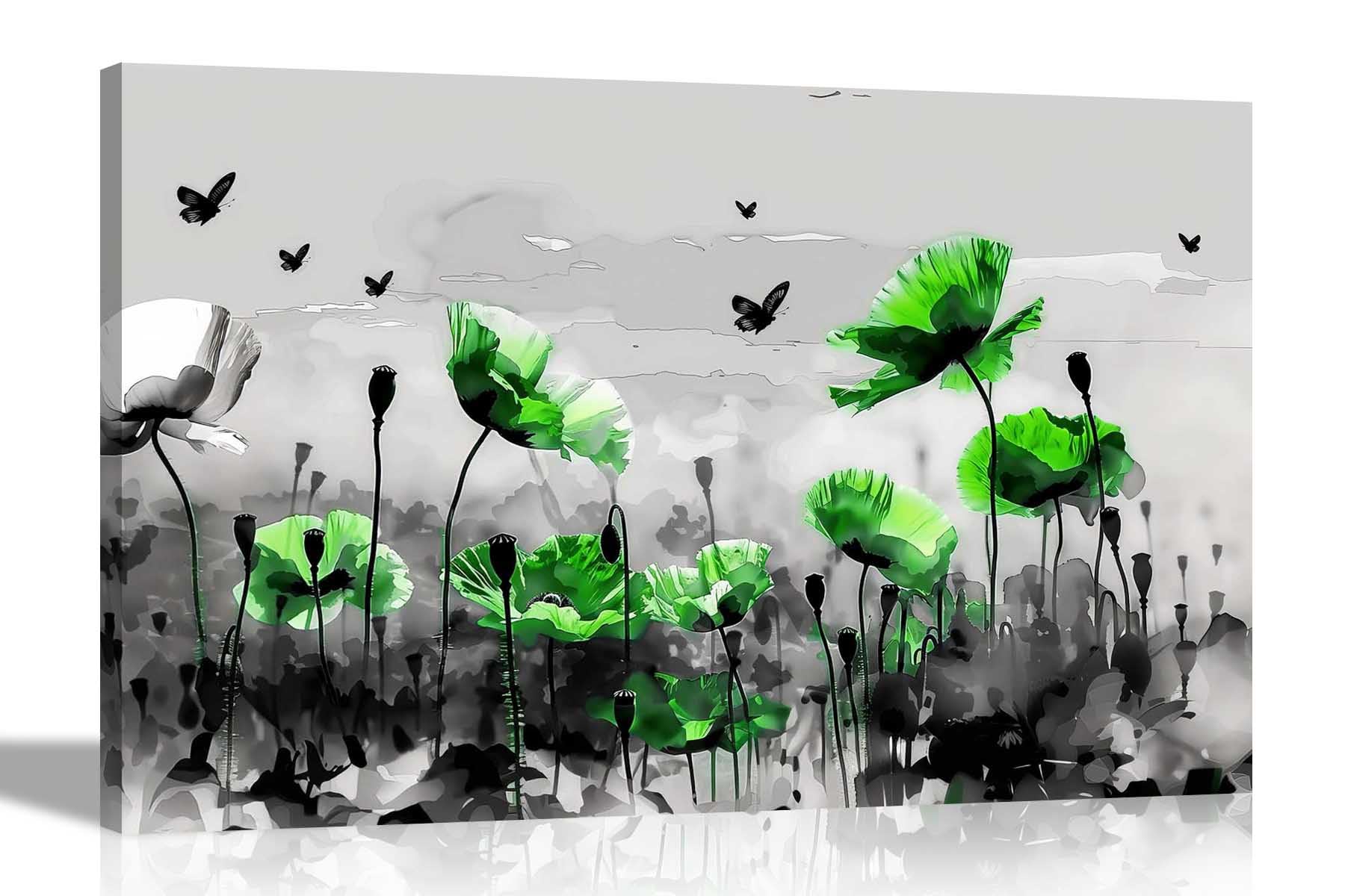 Artley Prints Green Poppy Flowers - Abstract And Butterflies Canvas Wall Art Prints Living Room Bedroom Hallway Framed Pictures 76 X 50Cm (30 X 20 Inches)