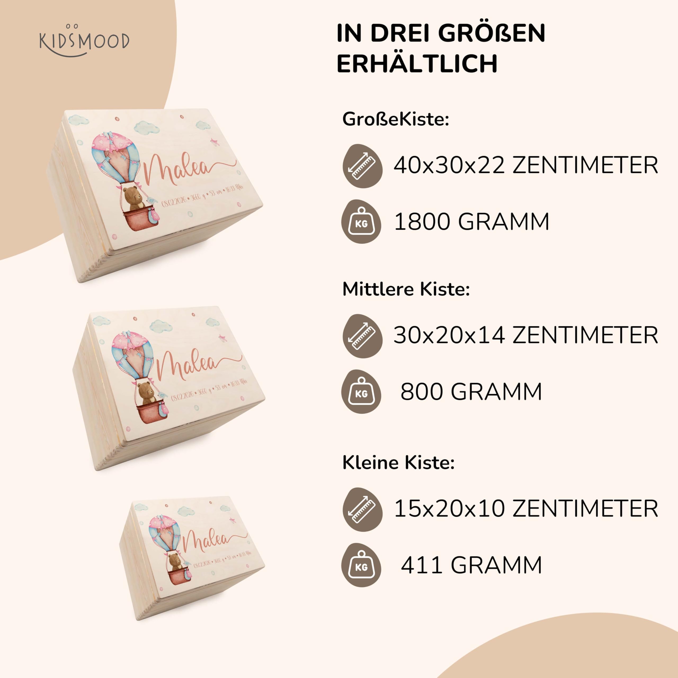 KIDSMOOD - Erinnerungsbox Baby, personalisierte Holzkiste mit Deckel, Ideal zur Aufbewahrung von Erinnerungen und als Geschenk zur Geburt, Taufe oder als Geburtstagsgeschenk für Mädchen und Jungen
