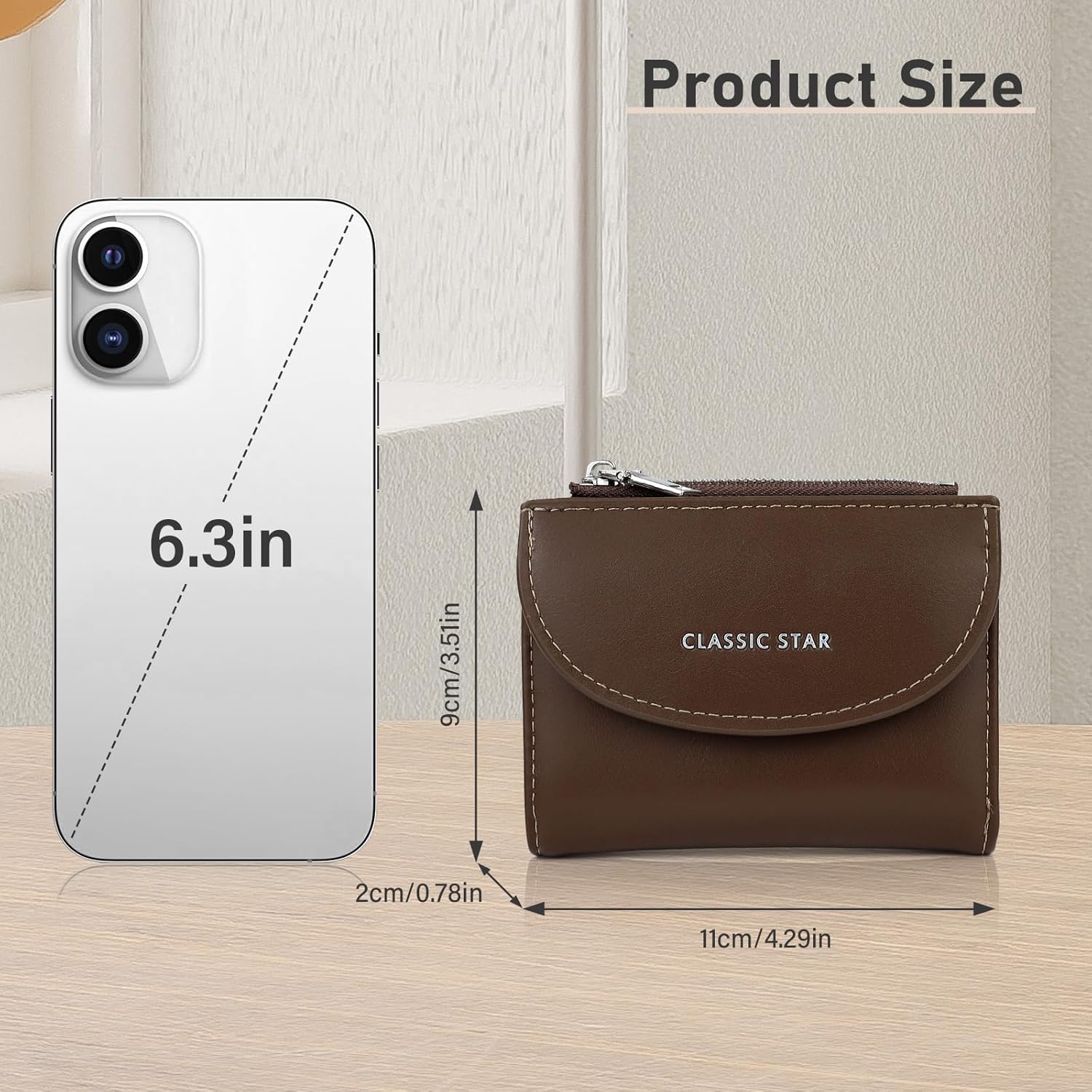 Small Wallet for Women, PU Leather BiFold Wallet with Zipper Snap Card Holder Wallet for Daily Traveling Shopping (Brown) - Image 2