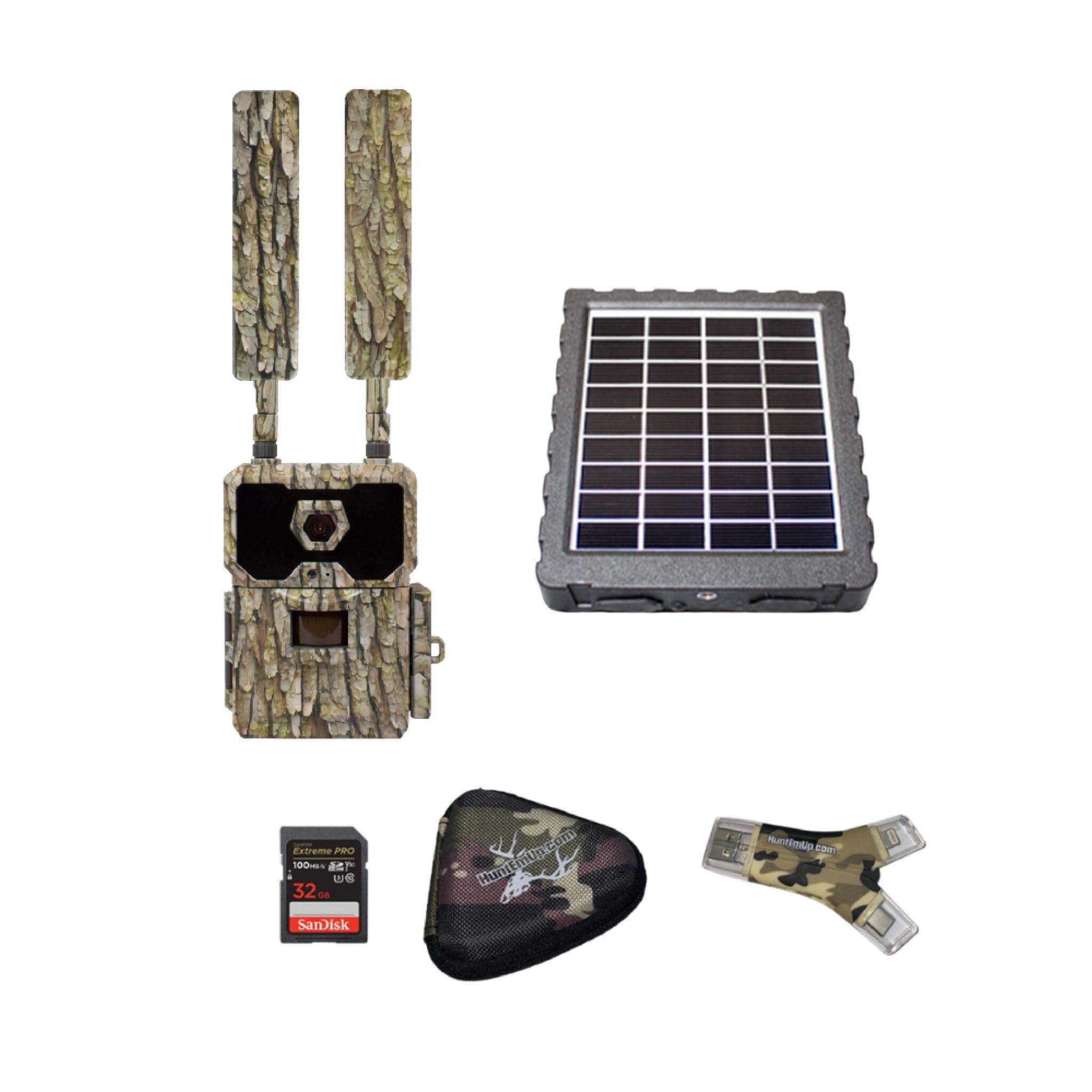 HuntEmUp WiseEye Data Cam 2 WiseEye Trail Camera DC2 Bundle - Solar Panel - 32 GB SD Card Reader - Card Case kit MC-2 Multi-Carrier System - Wiseeye Cellular Trail Camera and Wise Eye Solar Panel