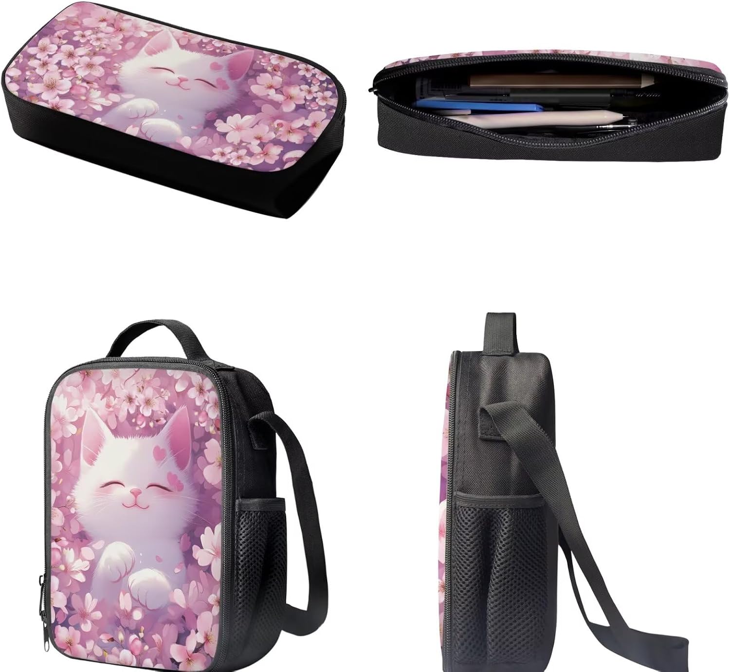 Cat Backpack for School Cute 3 in 1 Cherry Blossom Bookbag and Lunch Box Set for Girls Portable Travel Rucksack 17 Inch Bookbag for Kids Ages 6-8 8-12