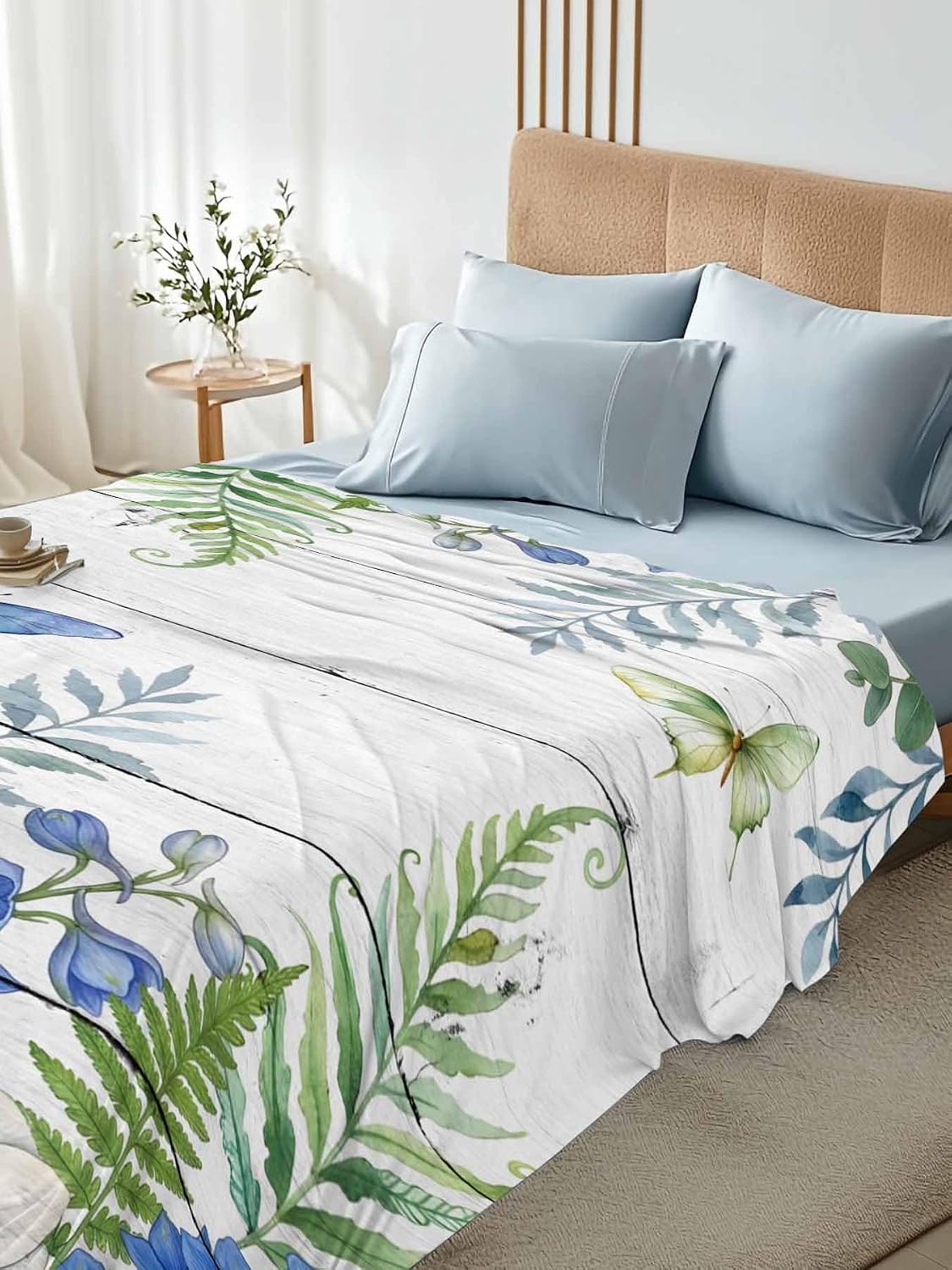 Top Sheet Full Bedding Flat Sheet Only, Summer Butterflies Blue Flowers Leaves Microfiber Bed Sheets Soft Breathable Bedding Flat Sheets, Wood Board Hotel Luxury Top Sheets