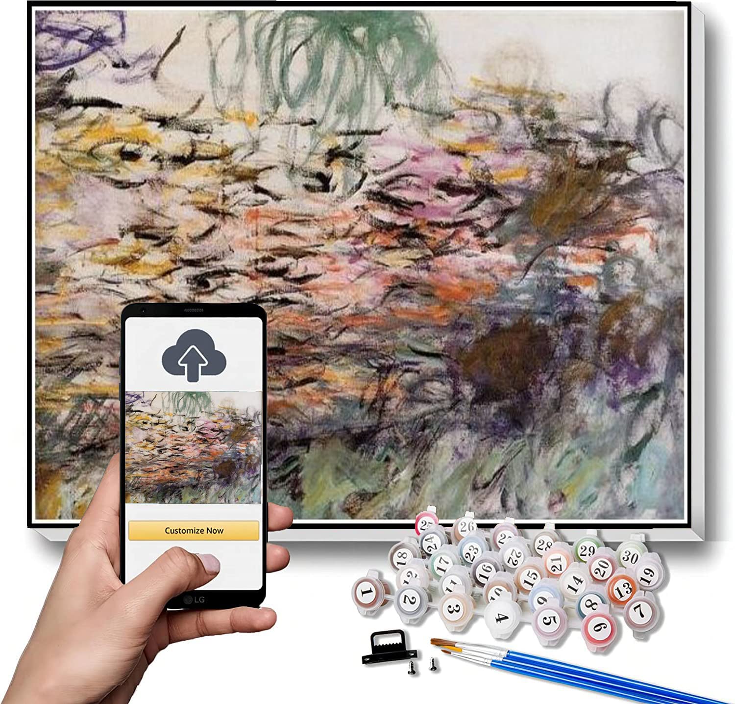 油彩画　「　モネの池　」手描き　原画　F8号 ☆特秀作☆ 手書き油絵 モネ 睡蓮の池 黄金色(大)額付 絵画 油彩