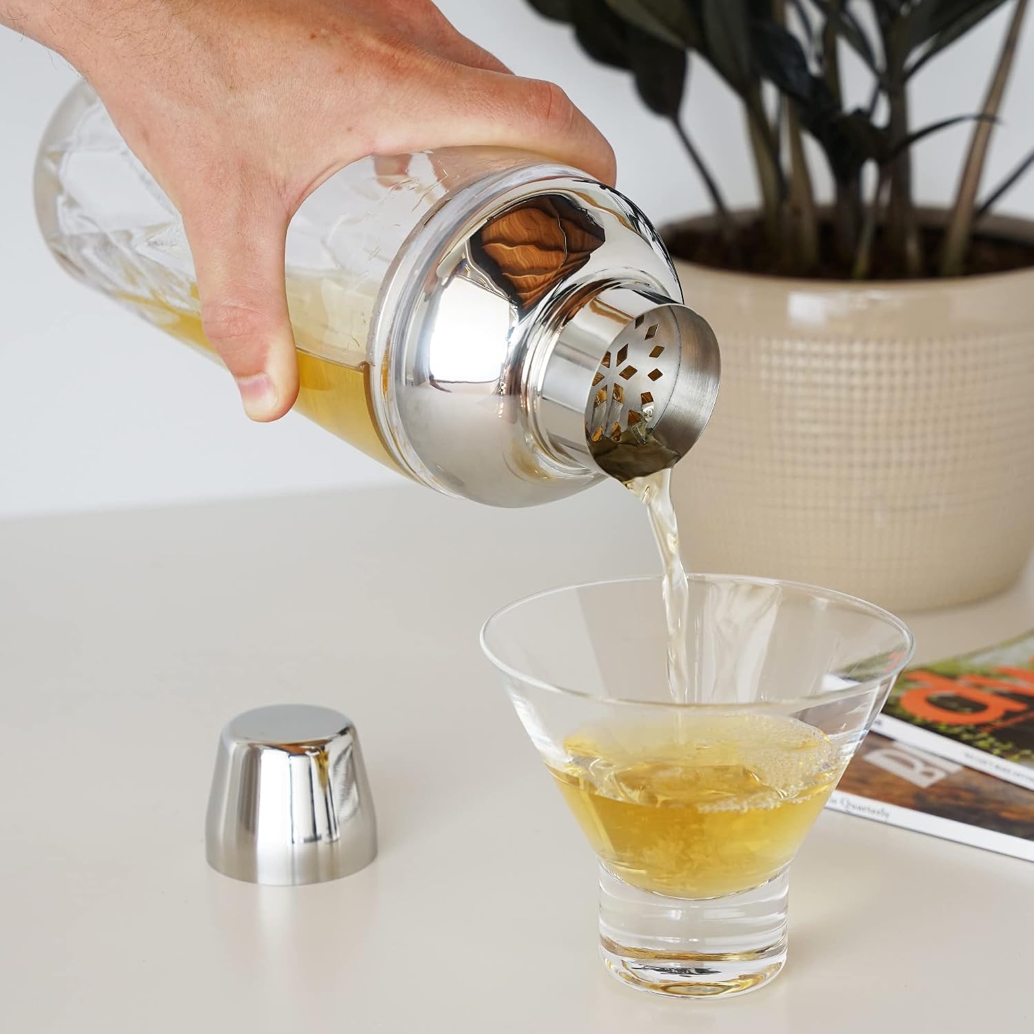 Viski Admiral Cocktail Shaker for Cold Brew Cocktails, Margarita, Whiskey Sour, Cut Crystal Tumbler with Stainless Steel Cap and Strainer, Elegant Martini Shaker, Dishwasher Safe 25oz Set of 1