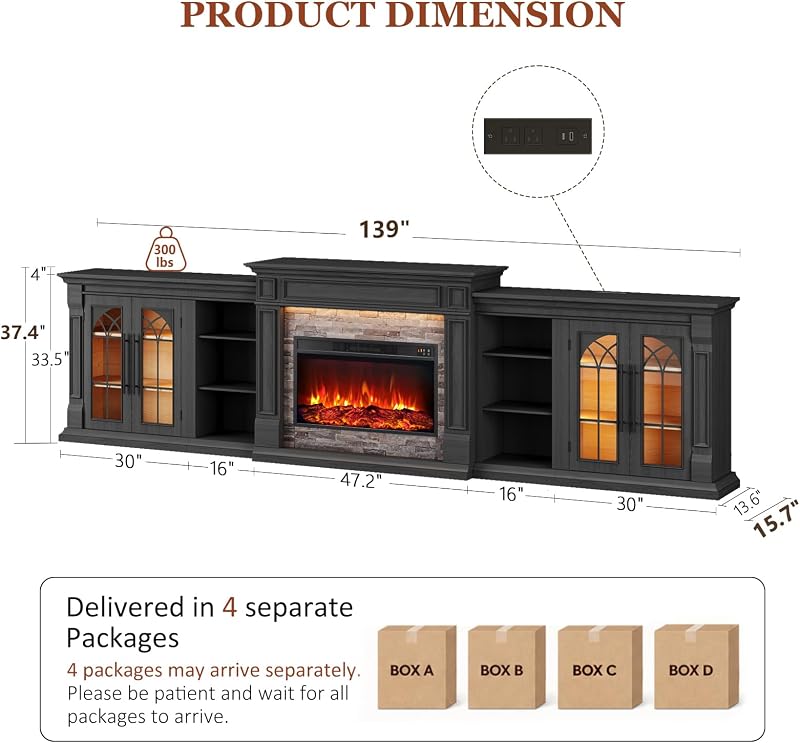 135" LED Fireplace TV Stand, Entertainment Center, Modern 4-in-1 Modular image 2