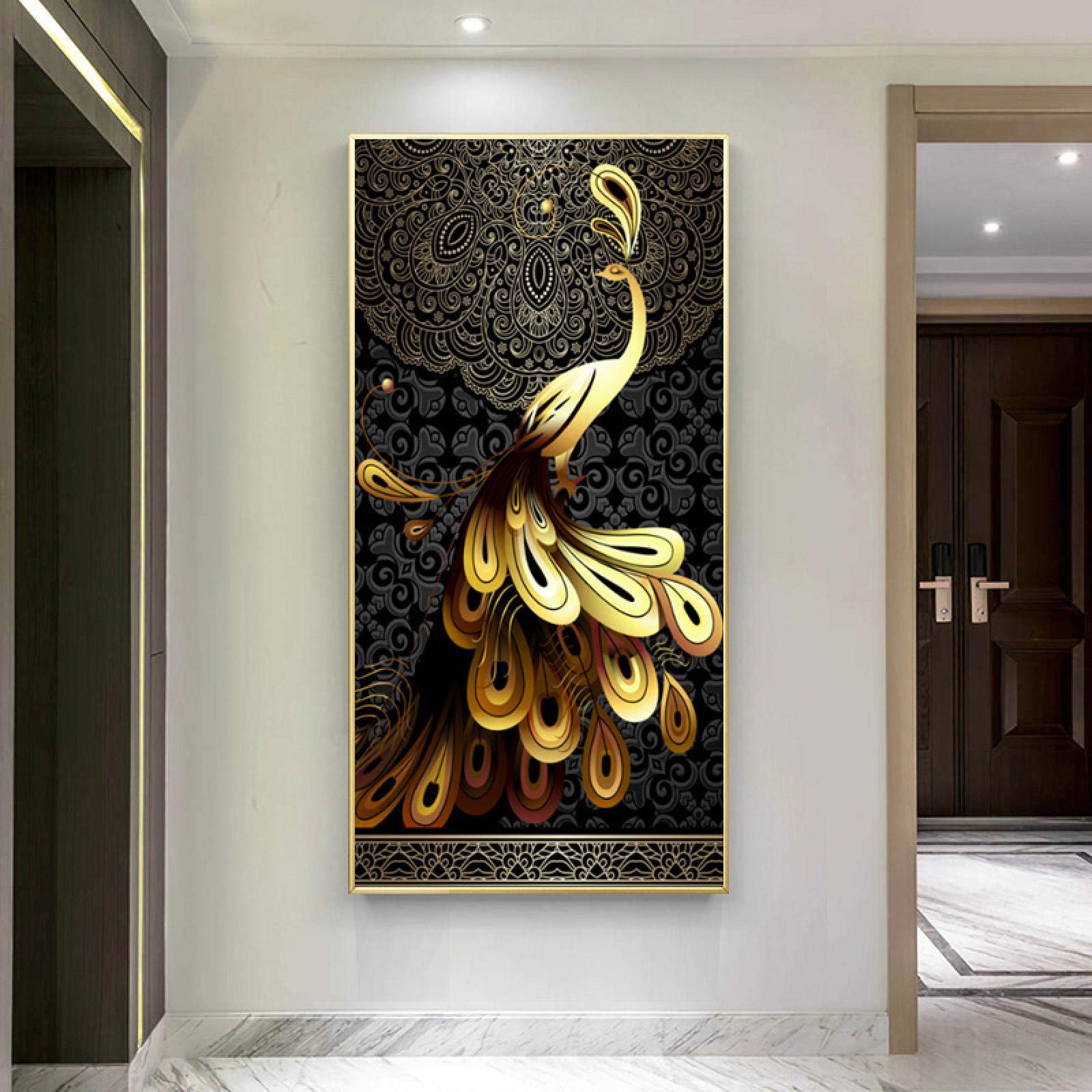 KEBIA Póster mural para la decoración de la habitación Póster sobre lienzo Pintura Oro negro Pavo real Imagen de arte de la pared Impresiones HD escandinavo 90x180cm Sin marco
