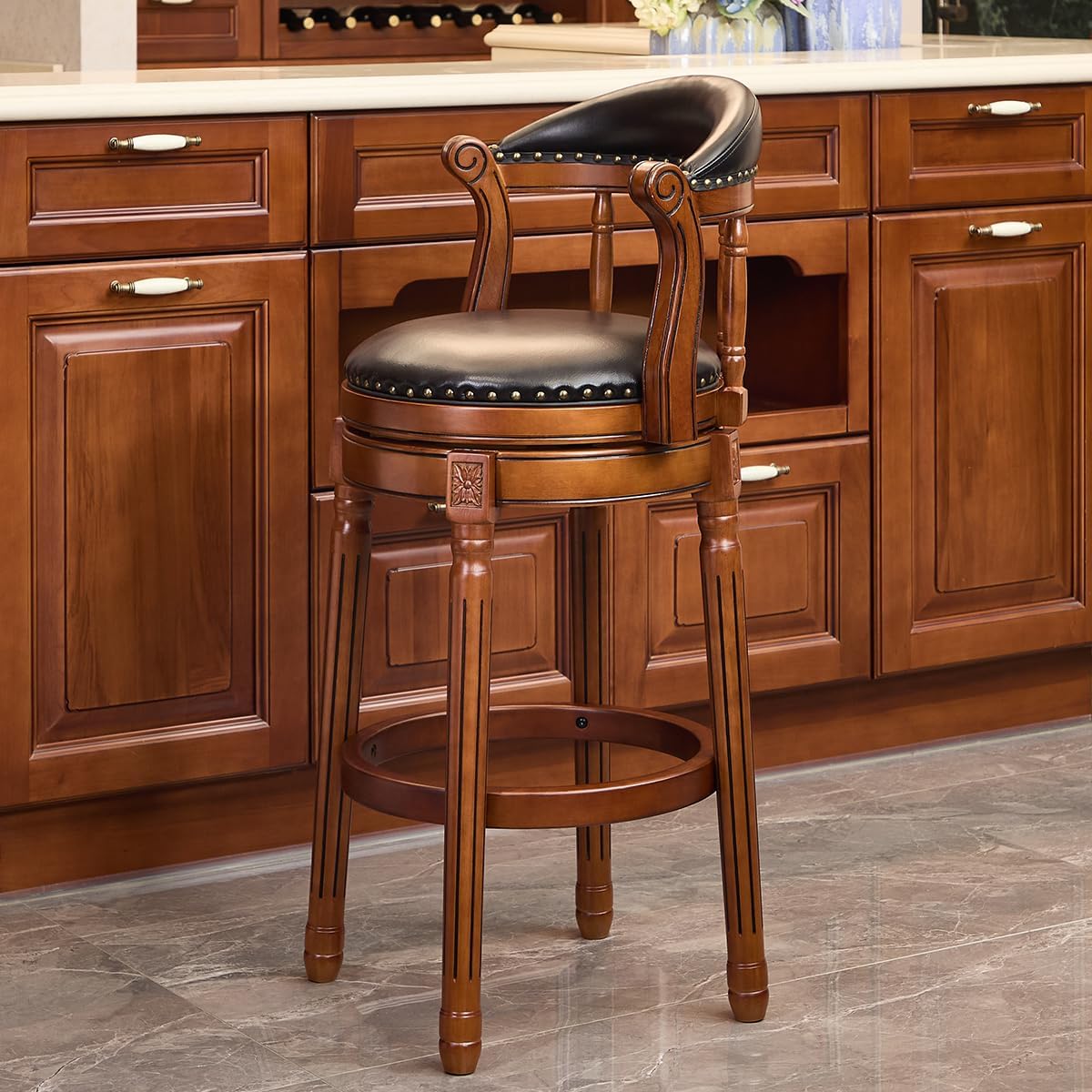 Cow top Leather Wooden Bar Stools, 29.5" Height Bar Chair with Back, 180 Degrees Swivel Bar Stools Chair for Home Kitchen Counter,Restaurant,1pc (Black-1pc, Bar Seat Height 29.5in)