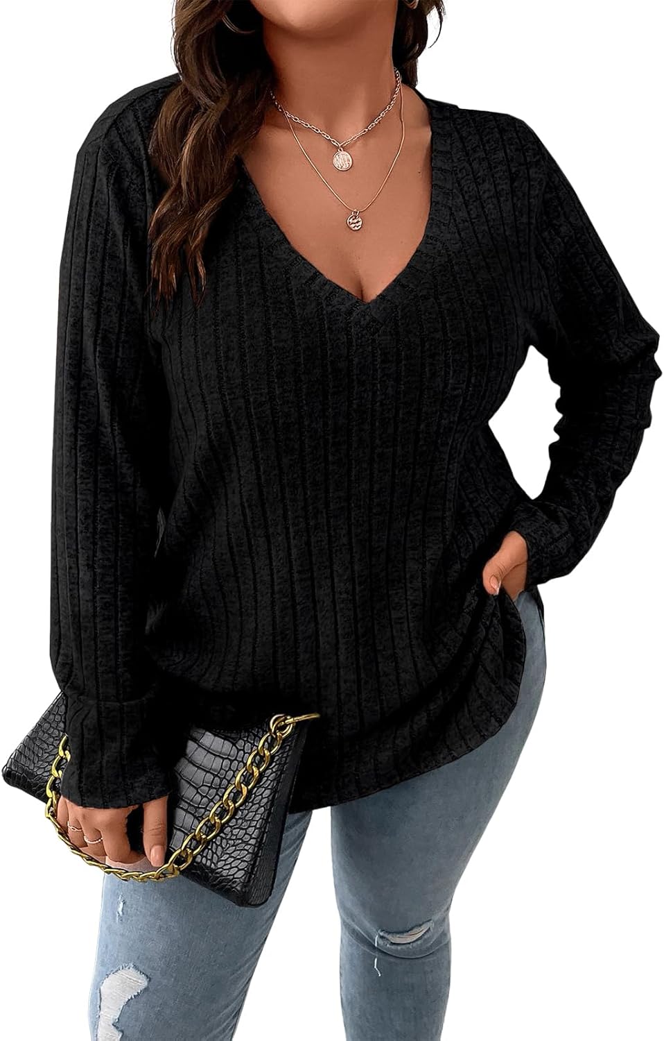 Koscacy Women Plus Size Casual Knit Sweater V Neck Solid Color Tops Lightweight Long Sleeve Blouses