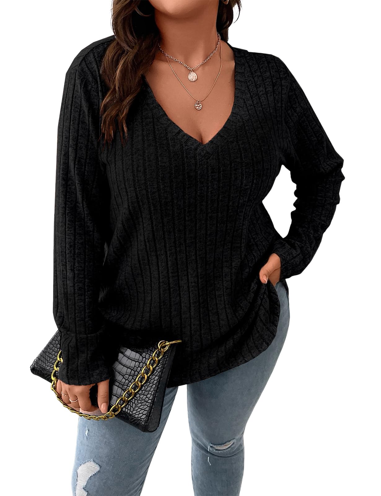 Koscacy Women Plus Size Casual Knit Sweater V Neck Solid Color Tops Lightweight Long Sleeve Blouses