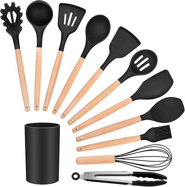 Homikit Silicone Kitchen Utensil Set, 12 Piece Non-Stick Cooking Utensils Baking Spatulas Set with Holder, Heat Resistant Kitchen Tools Turners Safe for Cookware, Wooden Handle & Non Toxic (Black)