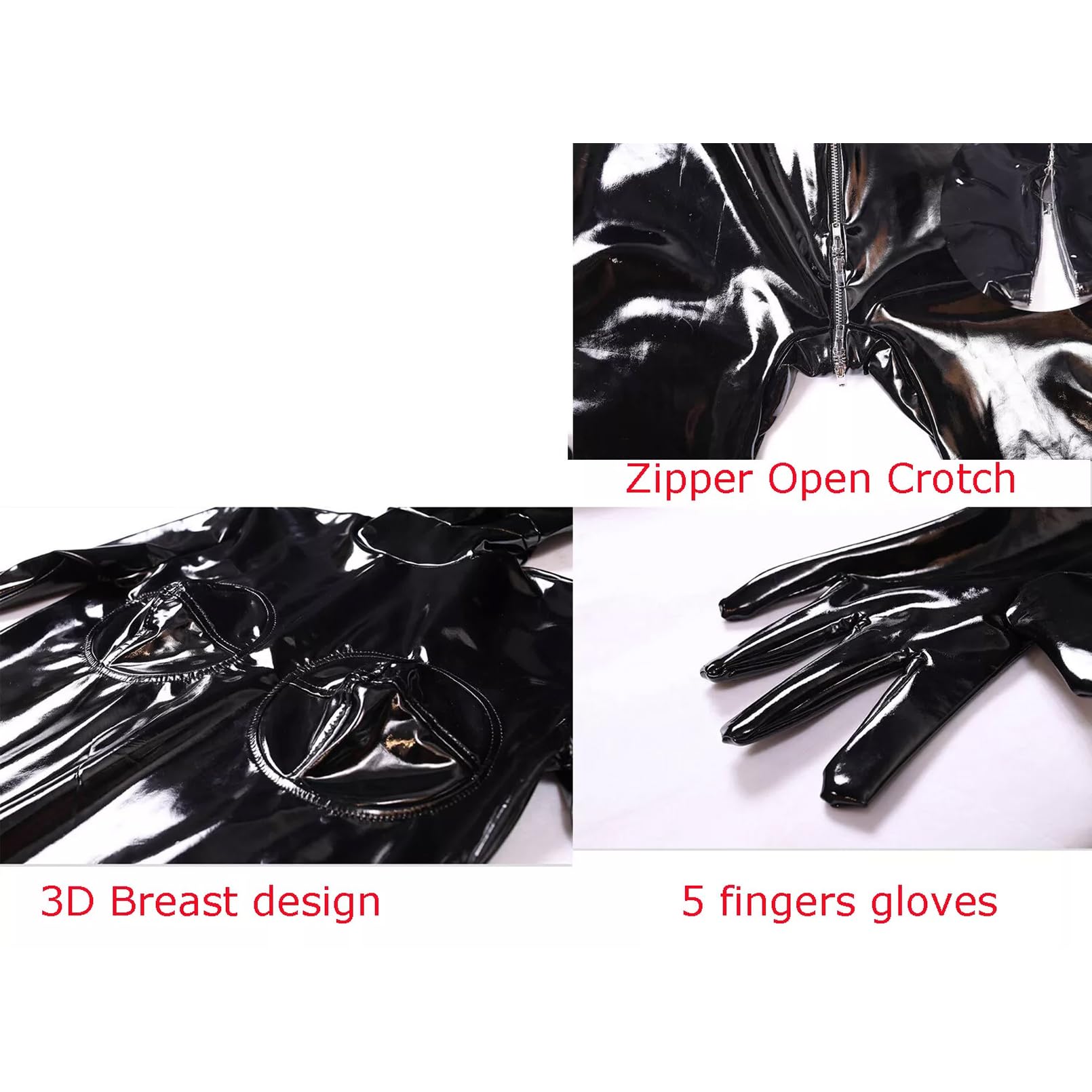 Damen Sexy Wetlook PVC Leder Catsuit mit Handschuhen Kapuze Ganzkörper Anzug Reißverschluss Overall