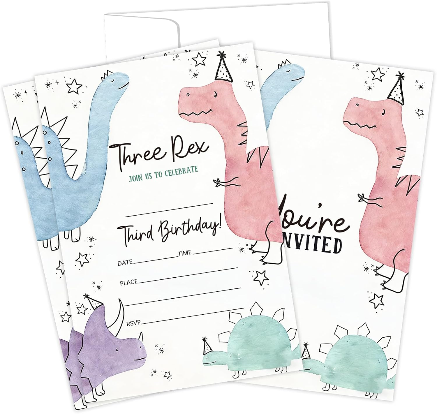 25 Pastel Dinosaur Girl Invitations Cards,Watercolor Fill-in Birthday Invite with Envelopes for Girls, Cute Dino Party,Birthday Dinner Favor & Decoration (4"x 6") - A03